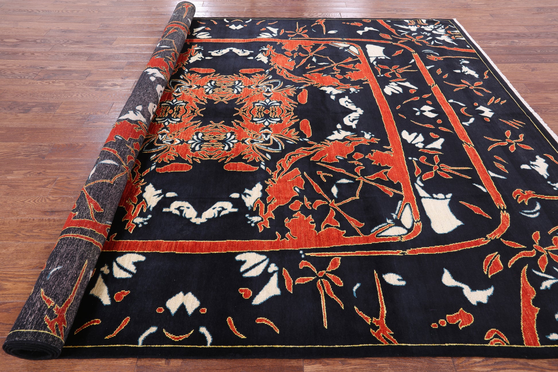 Black William Morris Handmade Wool Area Rug - 9' 2" X 11' 10" - Golden Nile