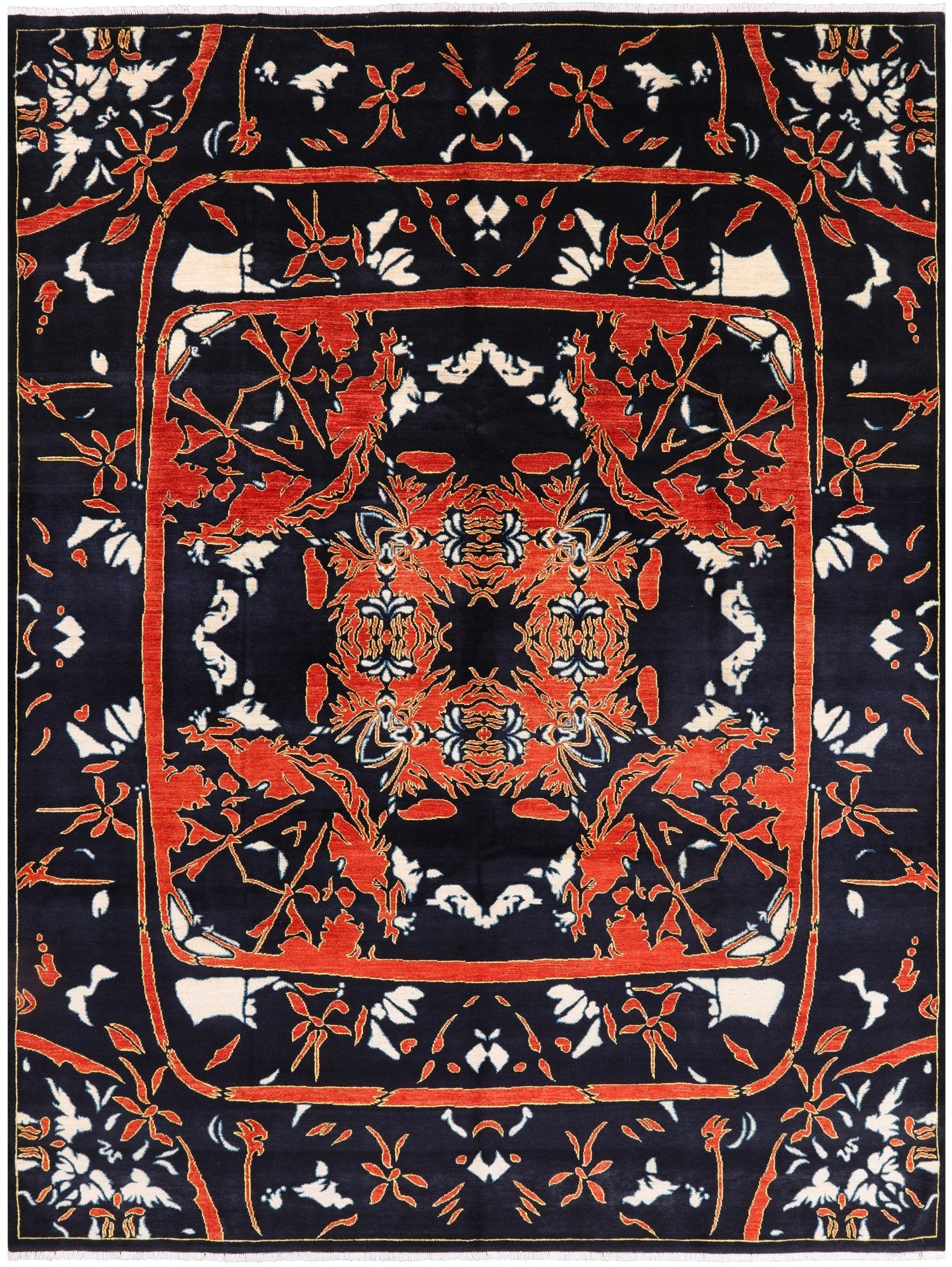 Black William Morris Handmade Wool Area Rug - 9' 2" X 11' 10" - Golden Nile