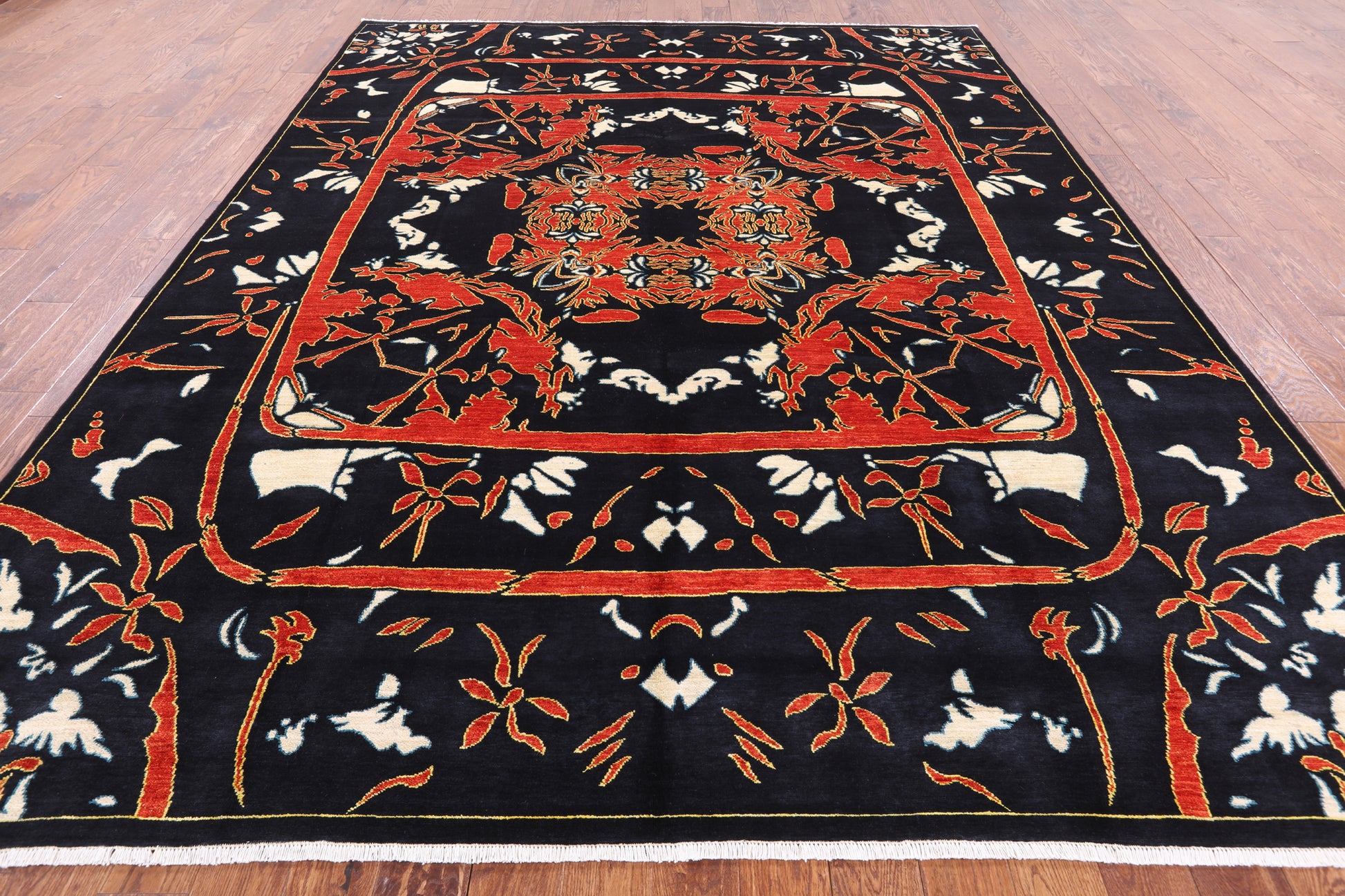 Black William Morris Handmade Wool Area Rug - 9' 2" X 11' 10" - Golden Nile