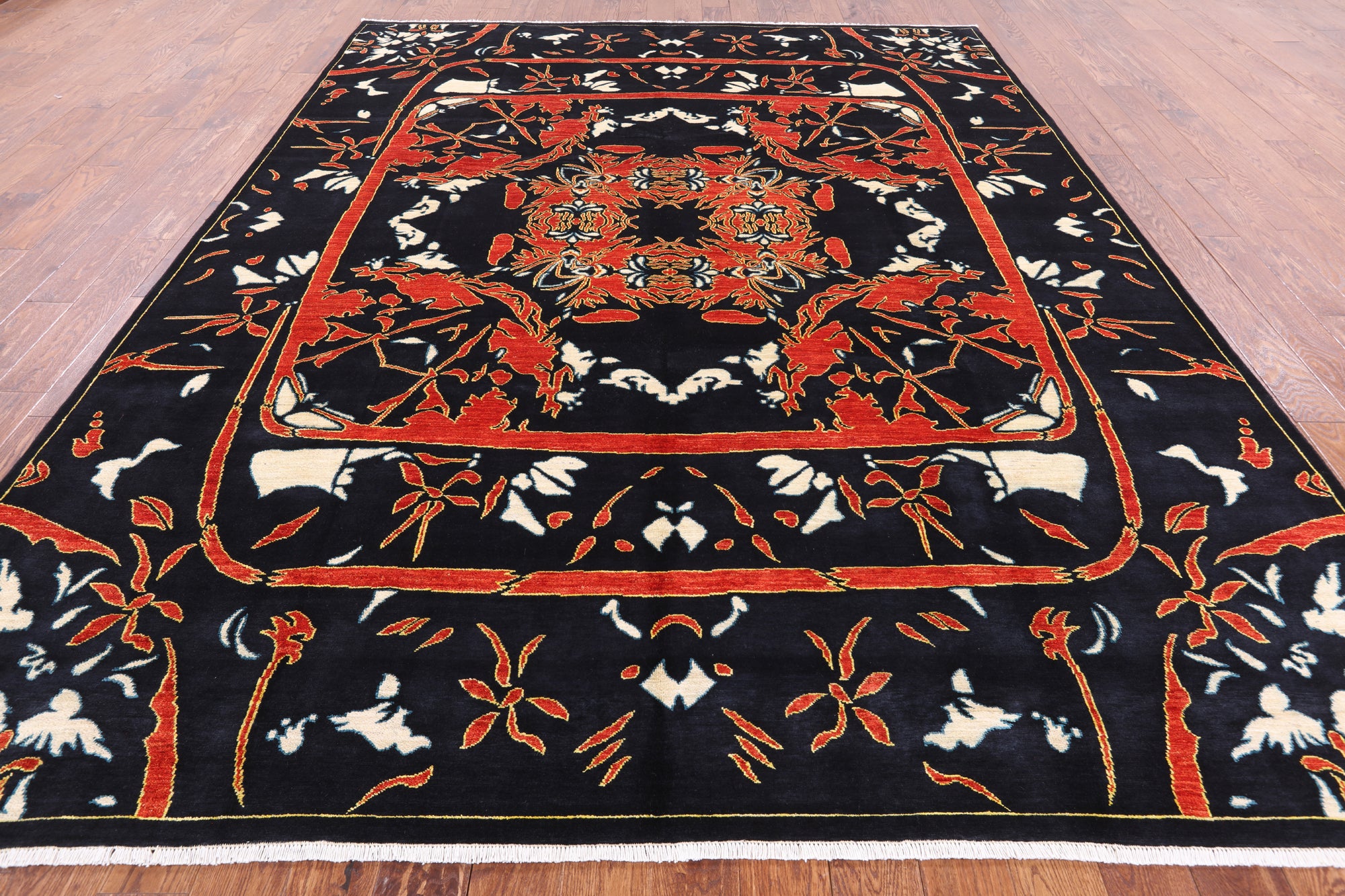 Black William Morris Handmade Wool Area Rug - 9' 2" X 11' 10" - Golden Nile