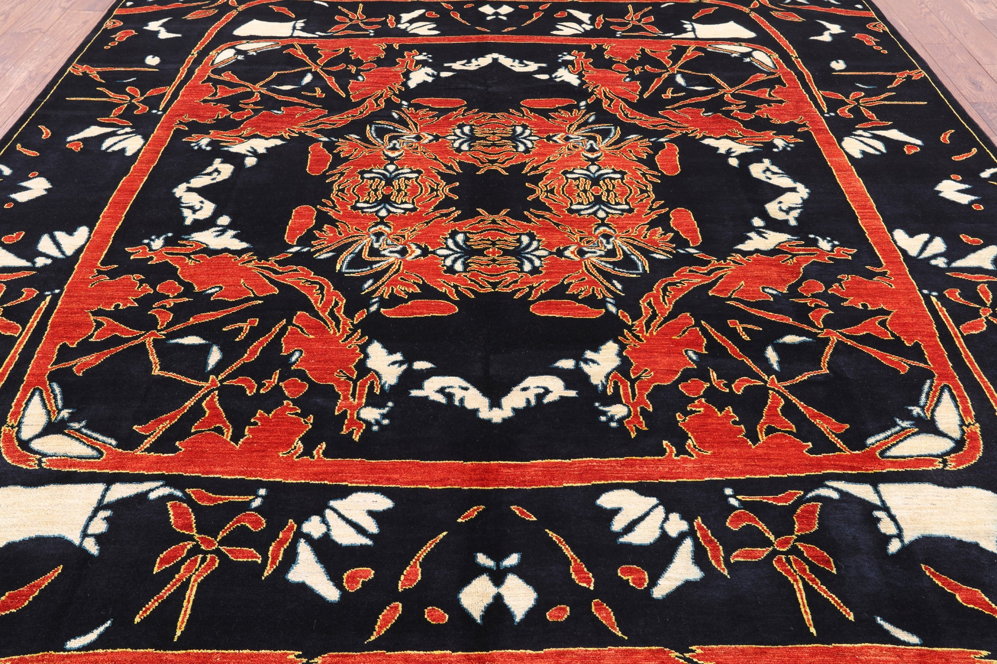 Black William Morris Handmade Wool Area Rug - 9' 2" X 11' 10" - Golden Nile