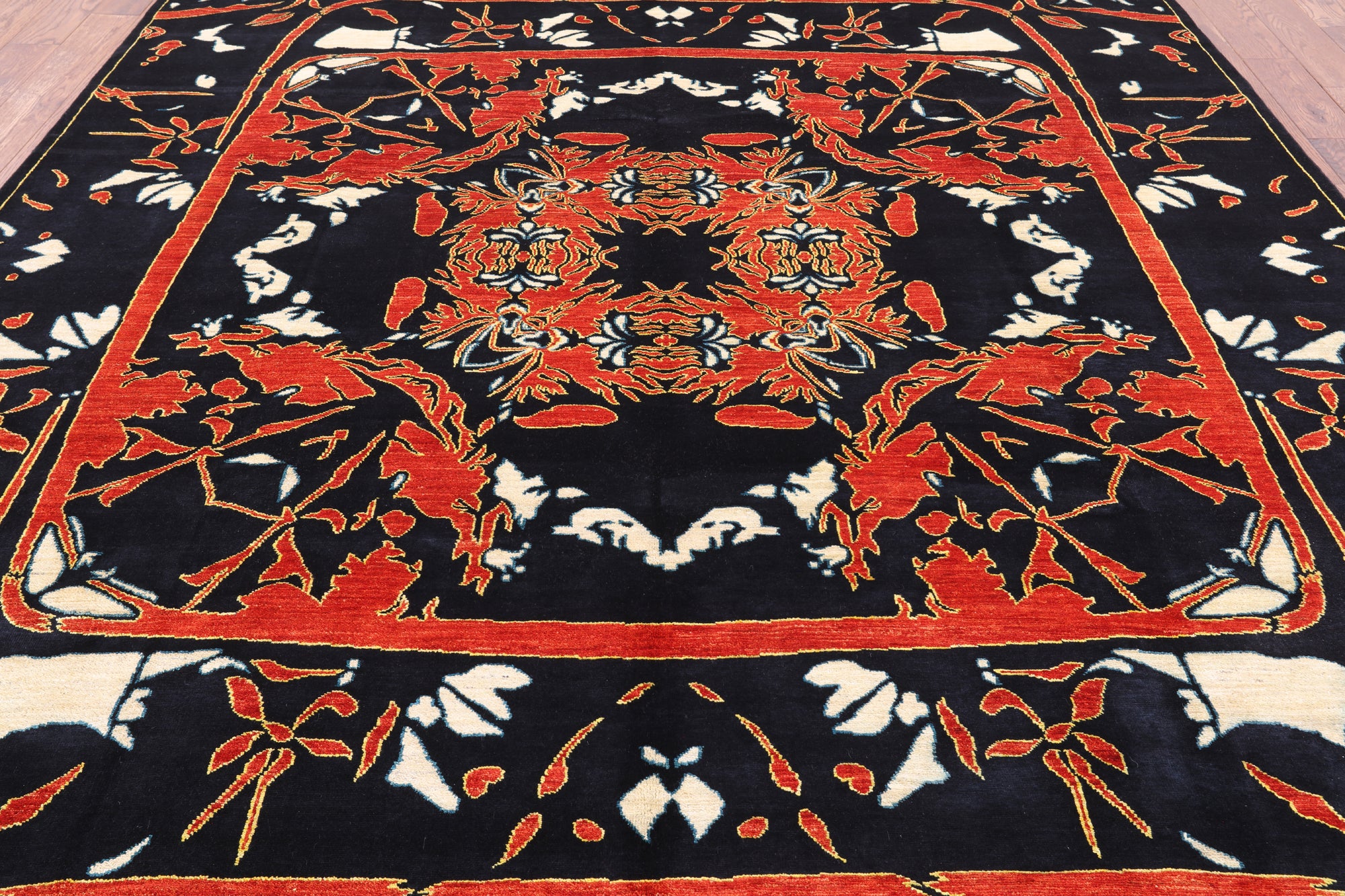 Black William Morris Handmade Wool Area Rug - 9' 2" X 11' 10" - Golden Nile