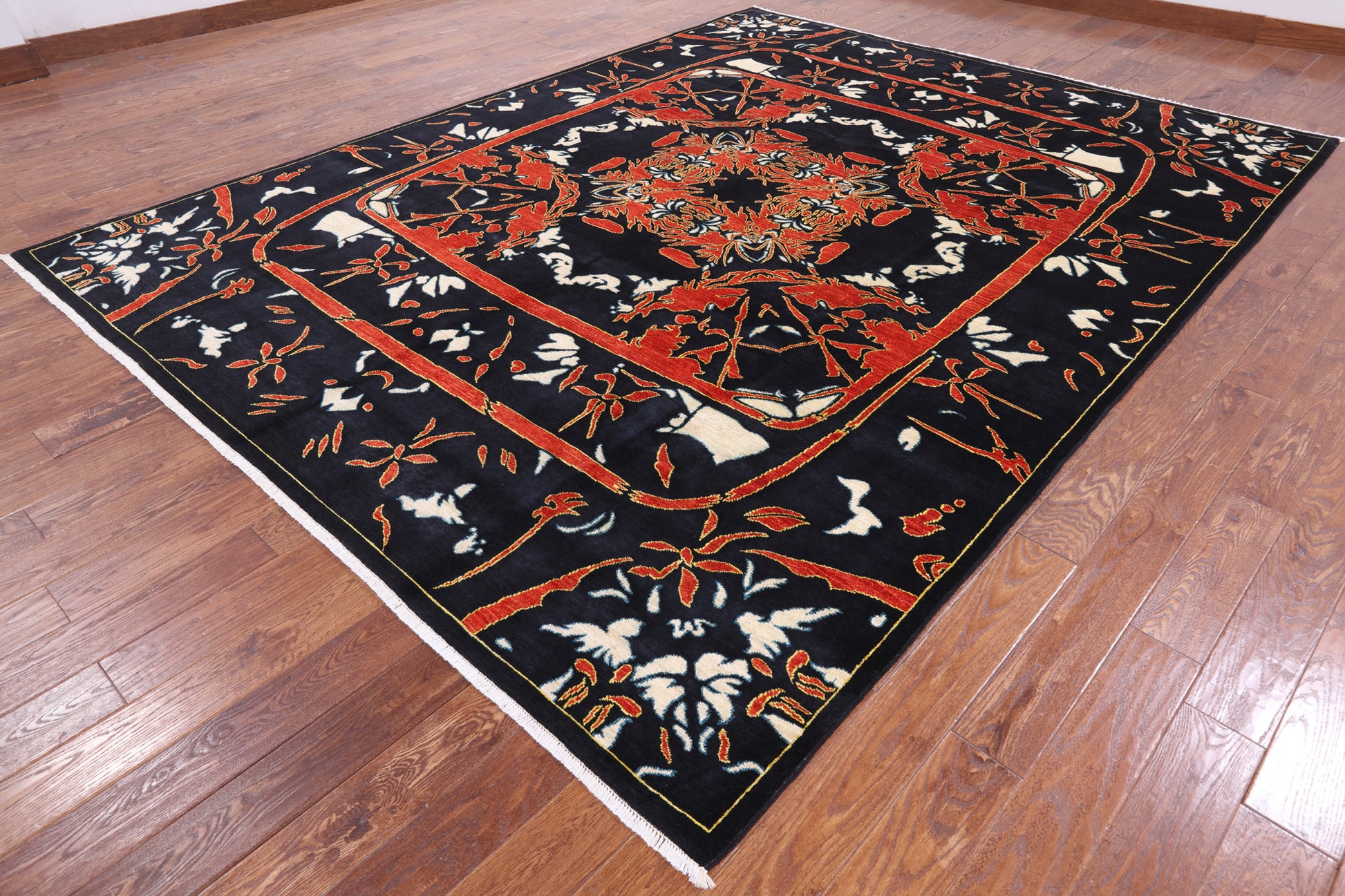 Black William Morris Handmade Wool Area Rug - 9' 2" X 11' 10" - Golden Nile