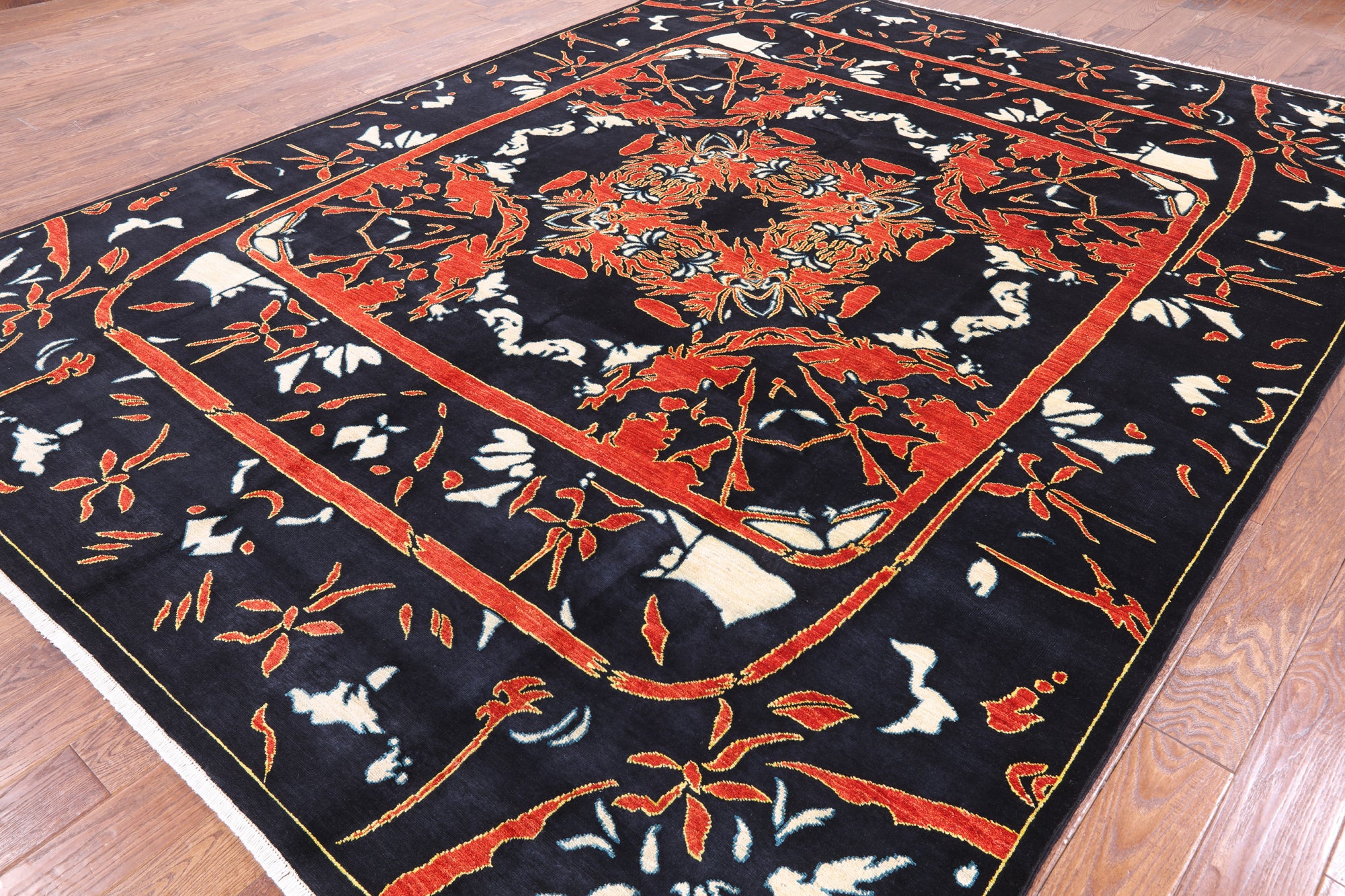 Black William Morris Handmade Wool Area Rug - 9' 2" X 11' 10" - Golden Nile