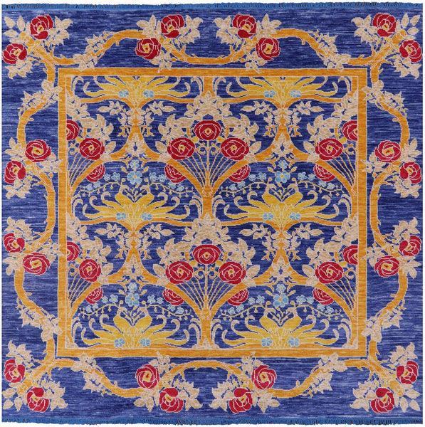 Blue Square William Morris Hand Knotted Wool Rug - 8' 10" X 8' 11" - Golden Nile