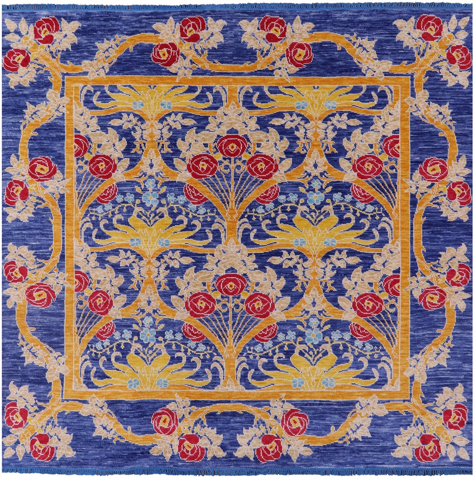 Blue Square William Morris Hand Knotted Wool Rug - 8' 10" X 8' 11" - Golden Nile