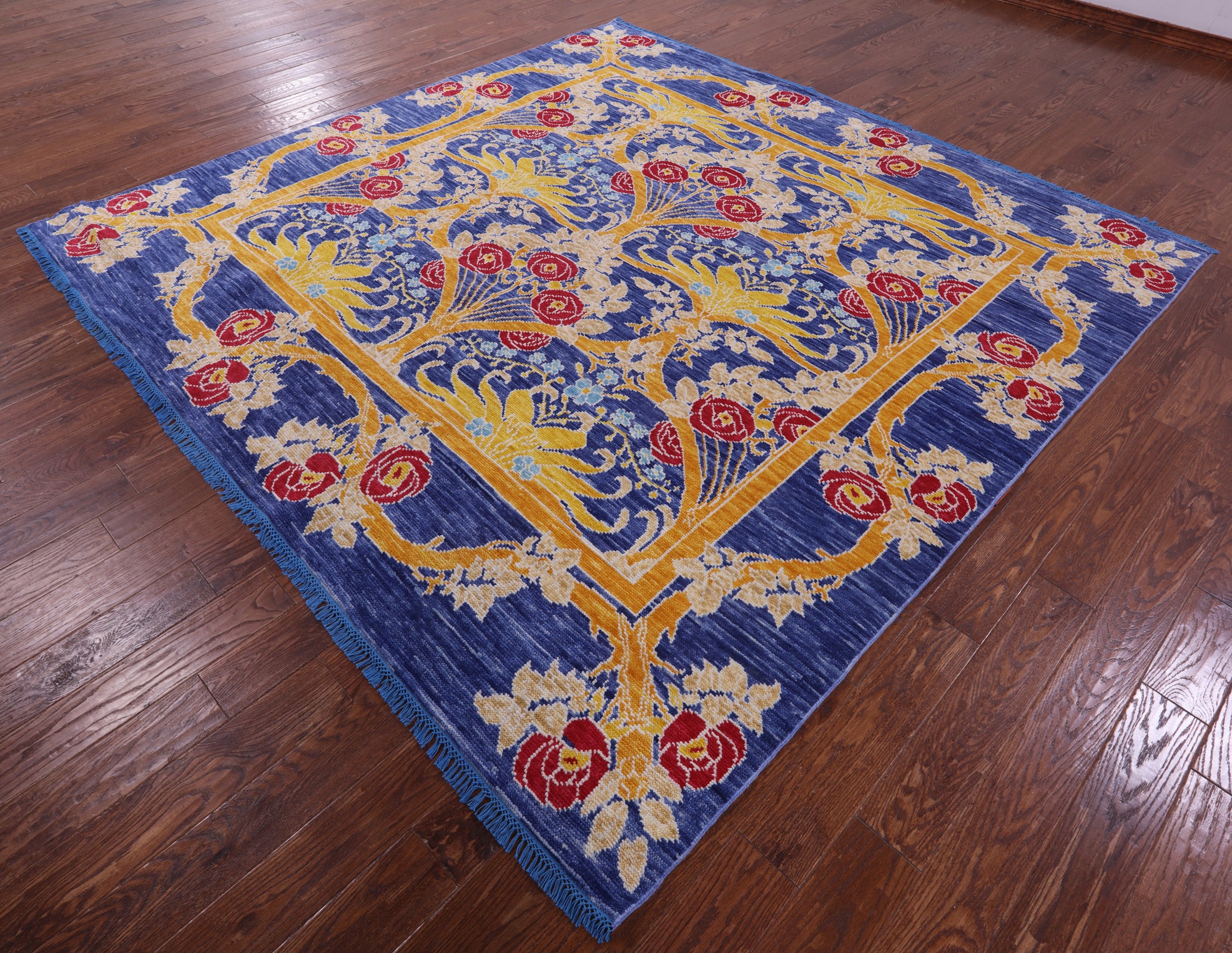 Blue Square William Morris Hand Knotted Wool Rug - 8' 10" X 8' 11" - Golden Nile