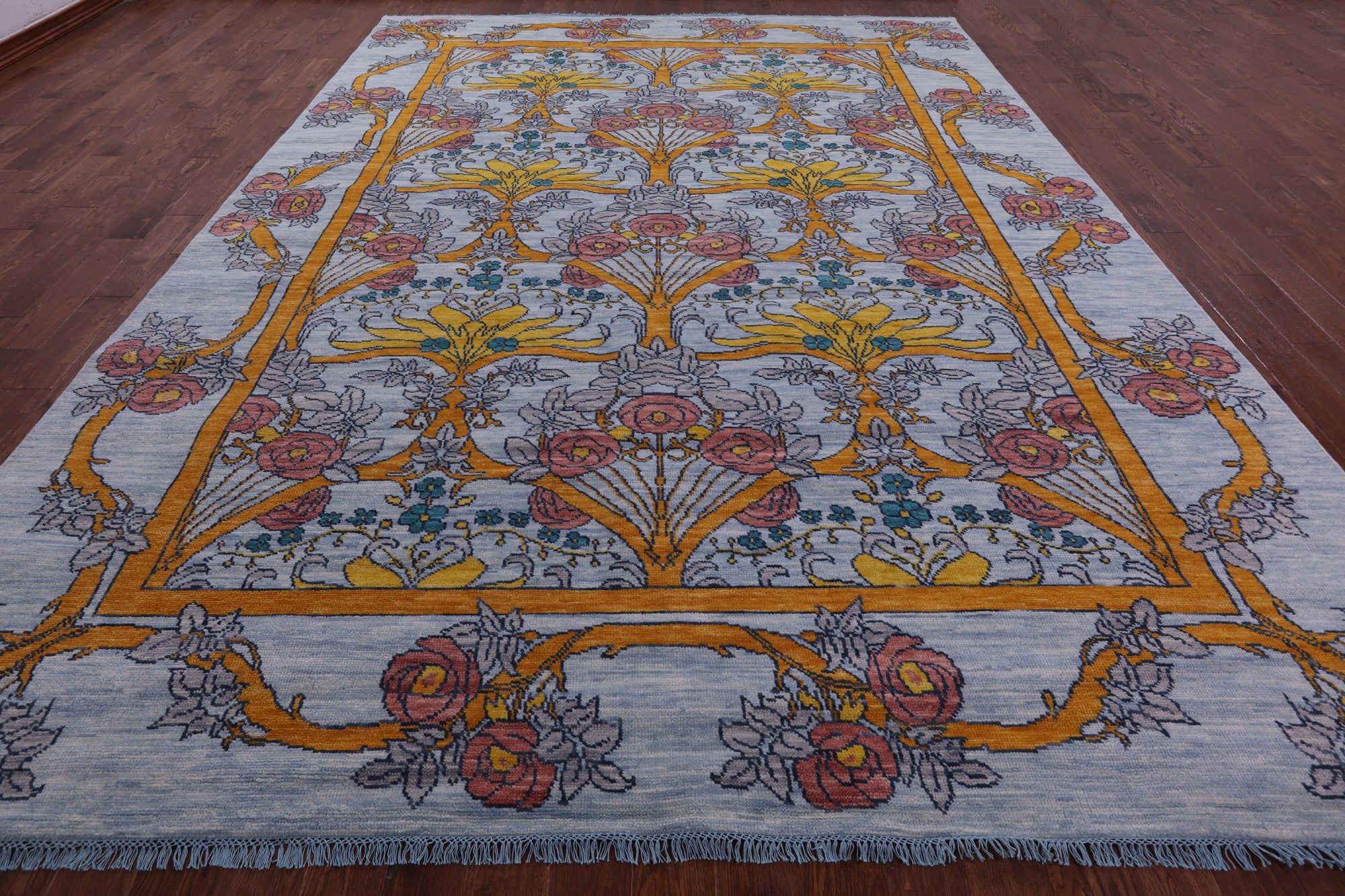 Blue William Morris Hand Knotted Wool Rug - 10' 2" X 14' 0" - Golden Nile