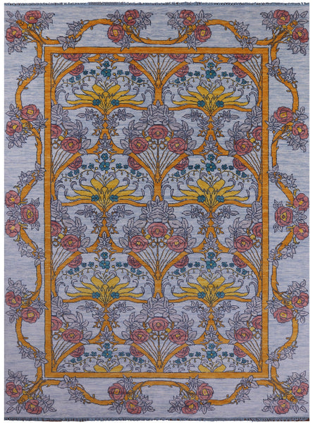Blue William Morris Hand Knotted Wool Rug - 10' 2" X 14' 0" - Golden Nile
