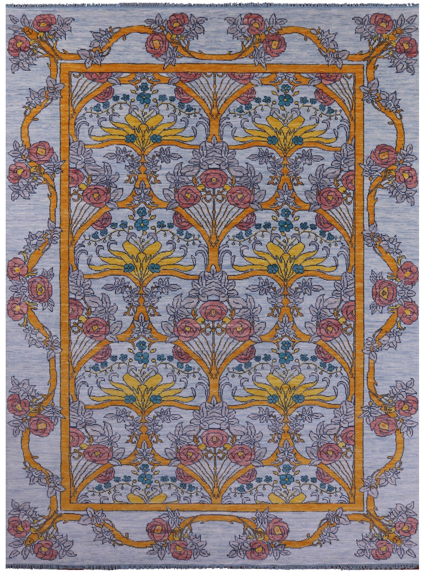 Blue William Morris Hand Knotted Wool Rug - 10' 2" X 14' 0" - Golden Nile
