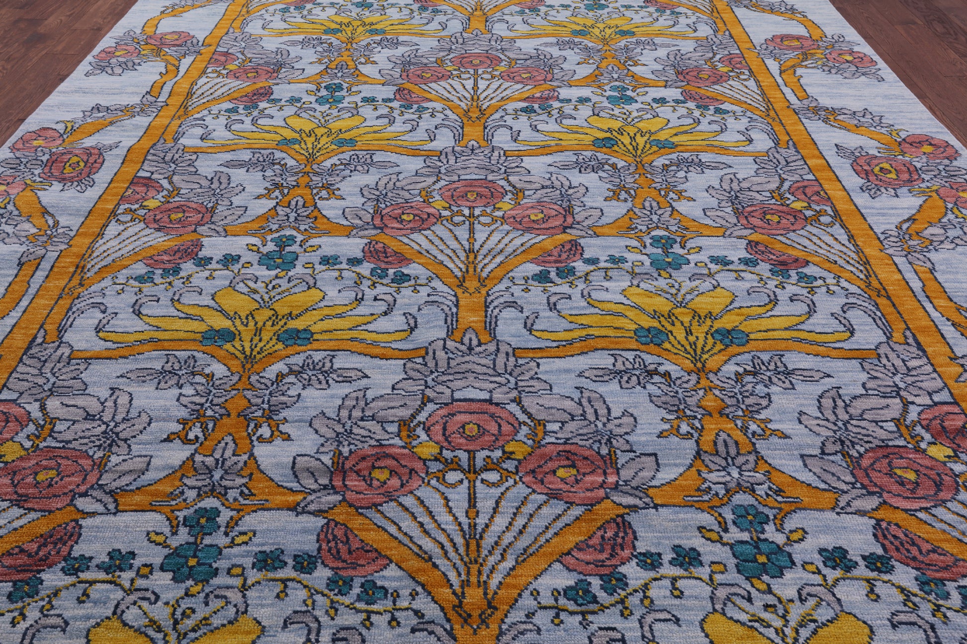 Blue William Morris Hand Knotted Wool Rug - 10' 2" X 14' 0" - Golden Nile