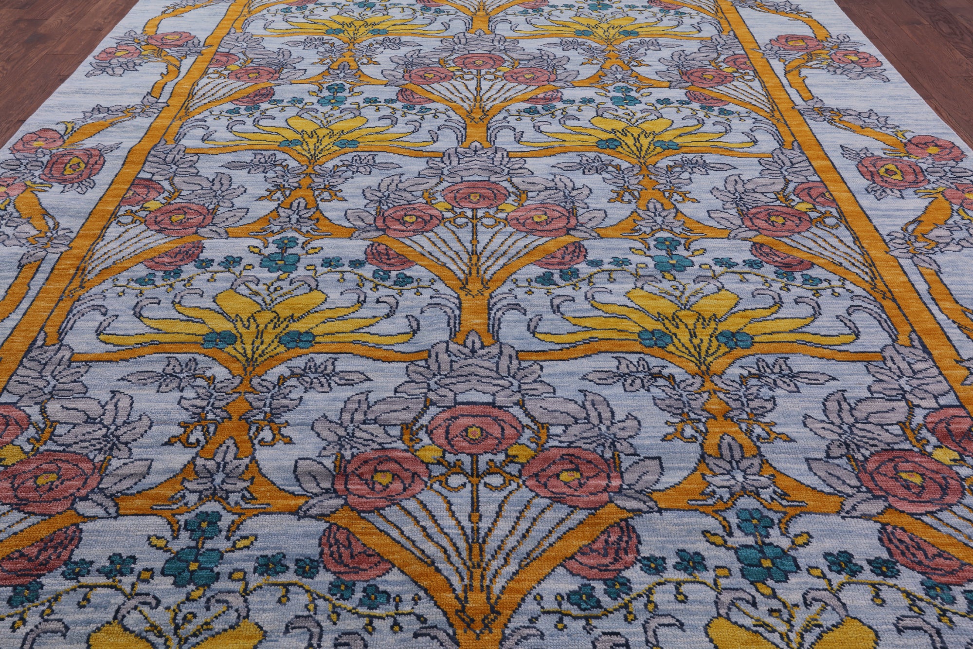 Blue William Morris Hand Knotted Wool Rug - 10' 2" X 14' 0" - Golden Nile