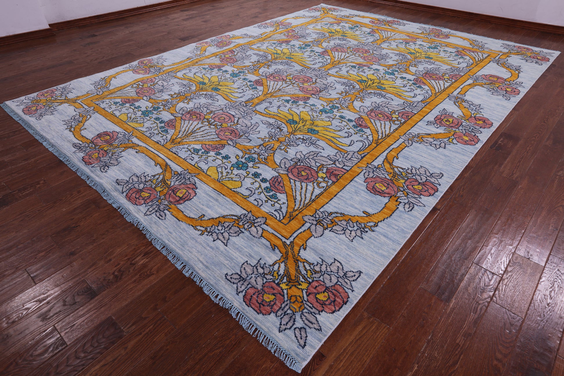 Blue William Morris Hand Knotted Wool Rug - 10' 2" X 14' 0" - Golden Nile