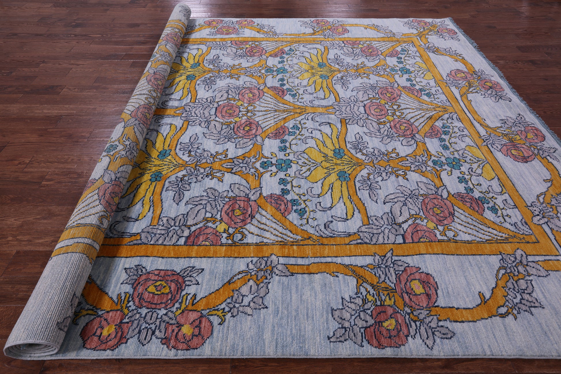 Blue William Morris Hand Knotted Wool Rug - 10' 2" X 14' 0" - Golden Nile