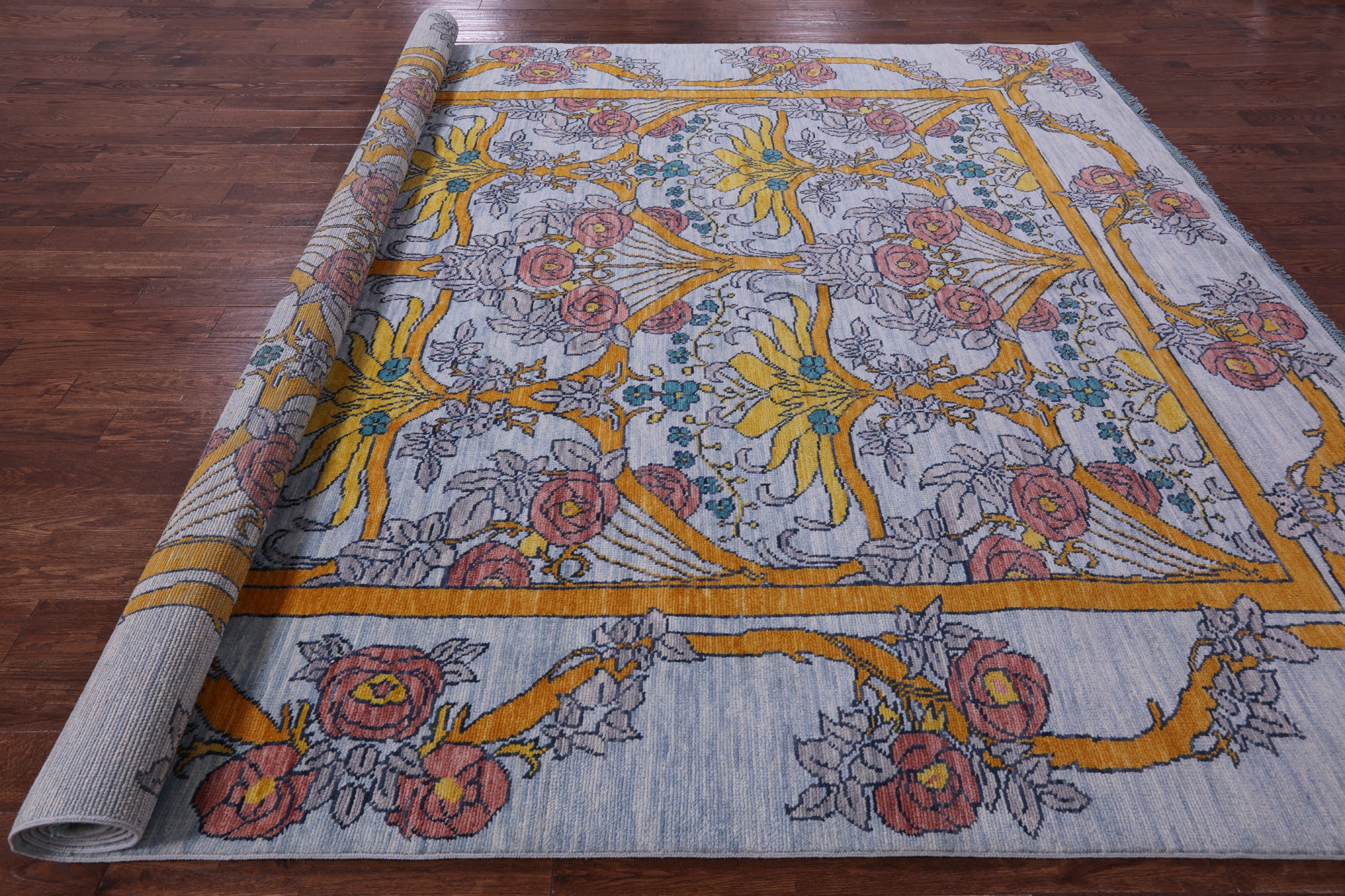 Blue William Morris Hand Knotted Wool Rug - 10' 2" X 14' 0" - Golden Nile
