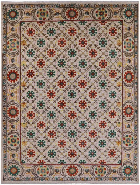 Ivory William Morris Hand Knotted Wool Area Rug - 9' 1" X 11' 10" - Golden Nile