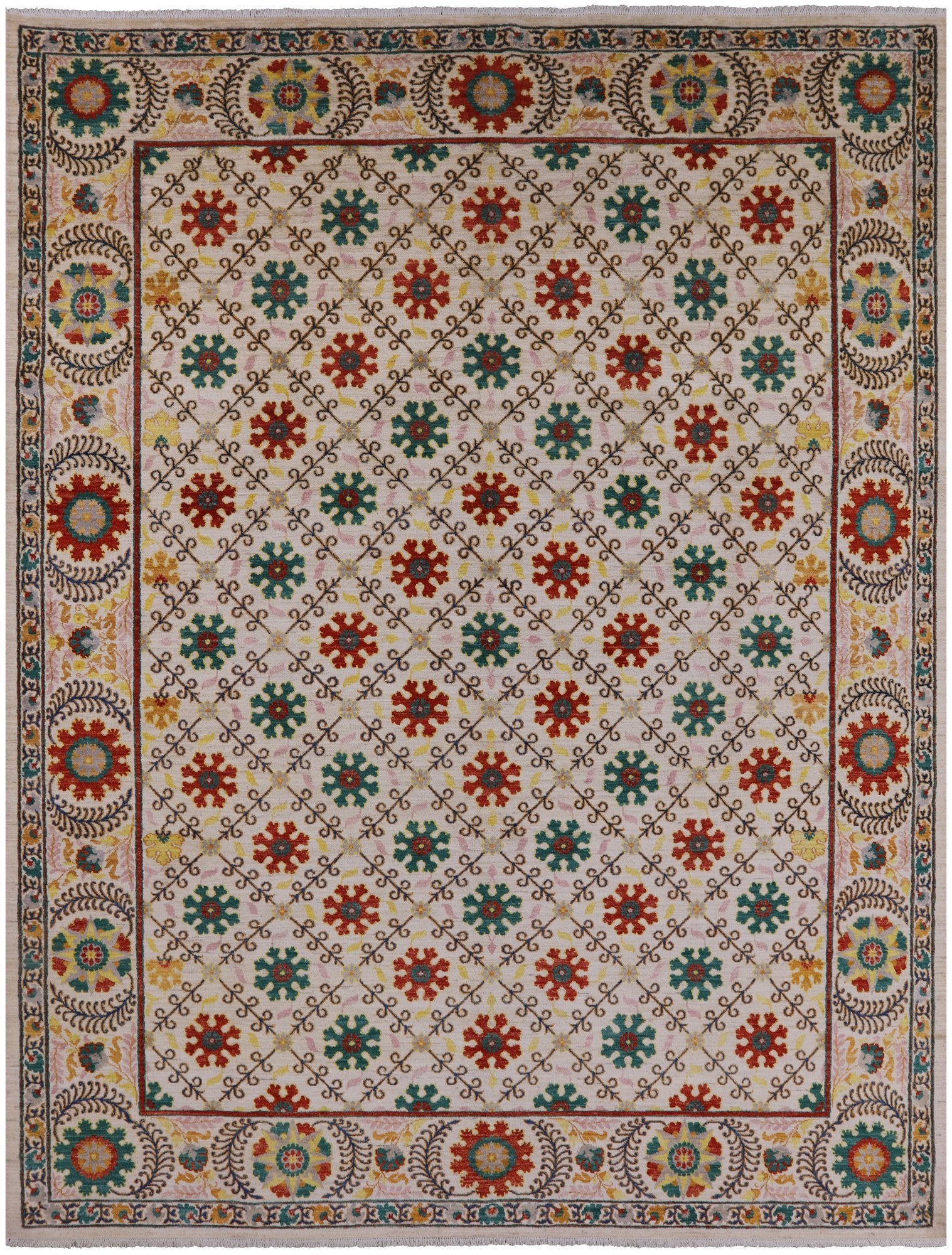 Ivory William Morris Hand Knotted Wool Area Rug - 9' 1" X 11' 10" - Golden Nile