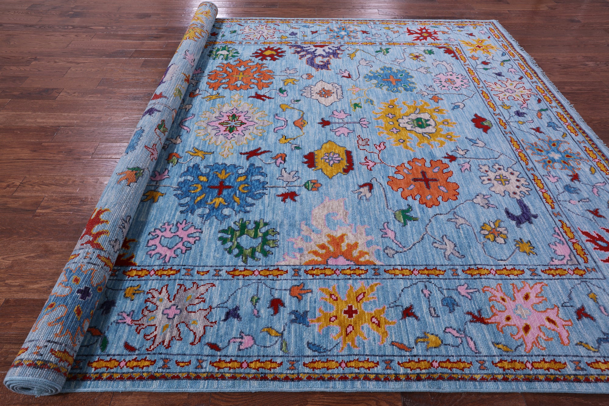 Blue Turkish Oushak Hand Knotted Wool Rug - 9' 1" X 12' 0" - Golden Nile