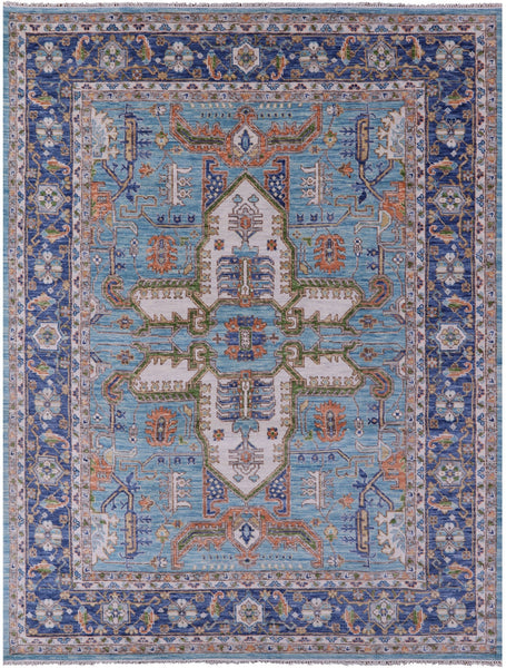 Blue Persian Fine Serapi Hand Knotted Wool Rug - 9' 3" X 12' 2" - Golden Nile