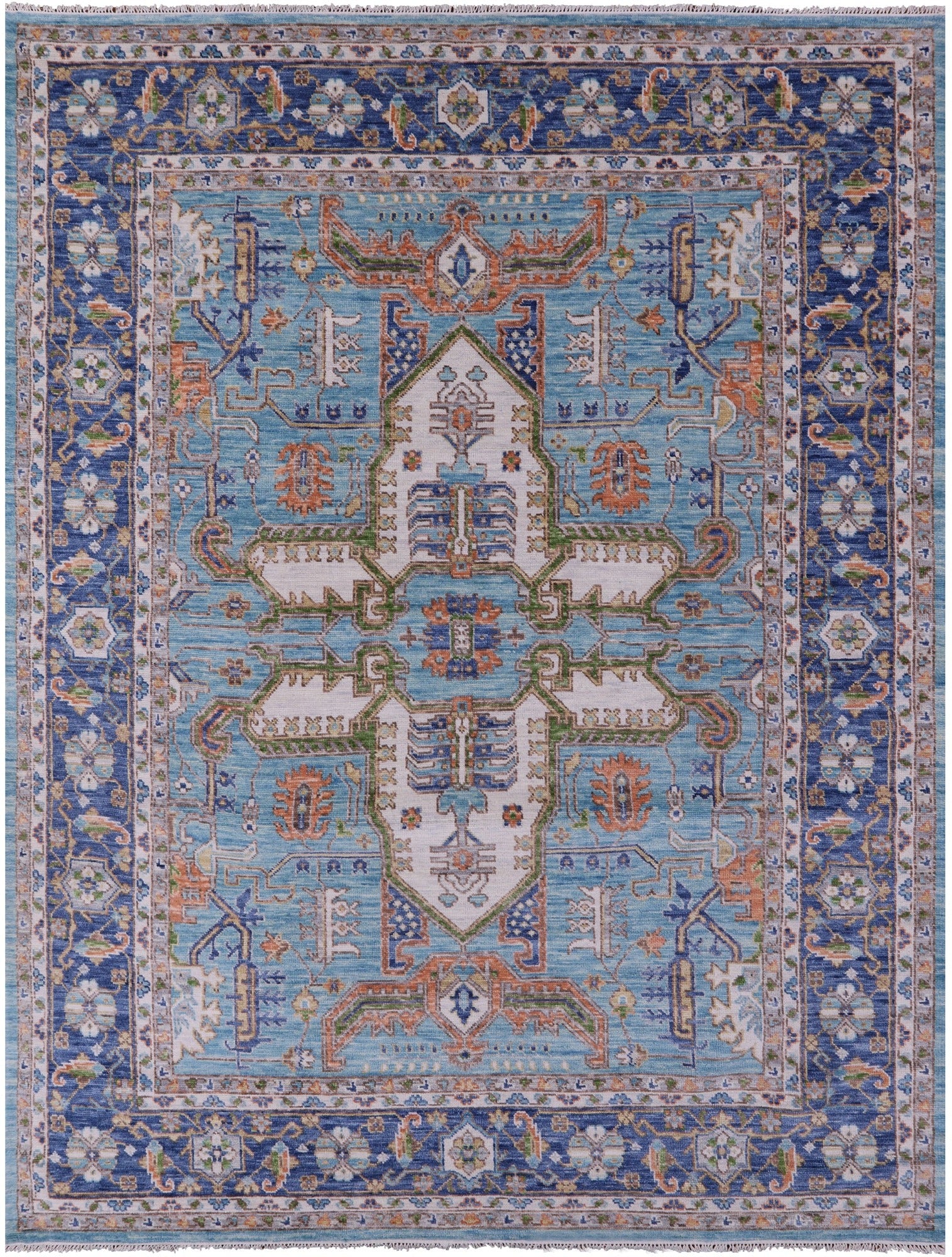 Blue Persian Fine Serapi Hand Knotted Wool Rug - 9' 3" X 12' 2" - Golden Nile