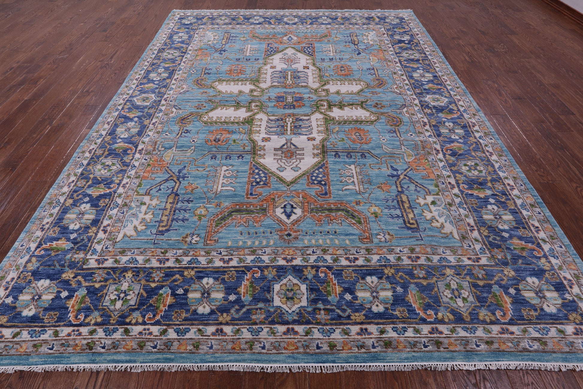 Blue Persian Fine Serapi Hand Knotted Wool Rug - 9' 3" X 12' 2" - Golden Nile