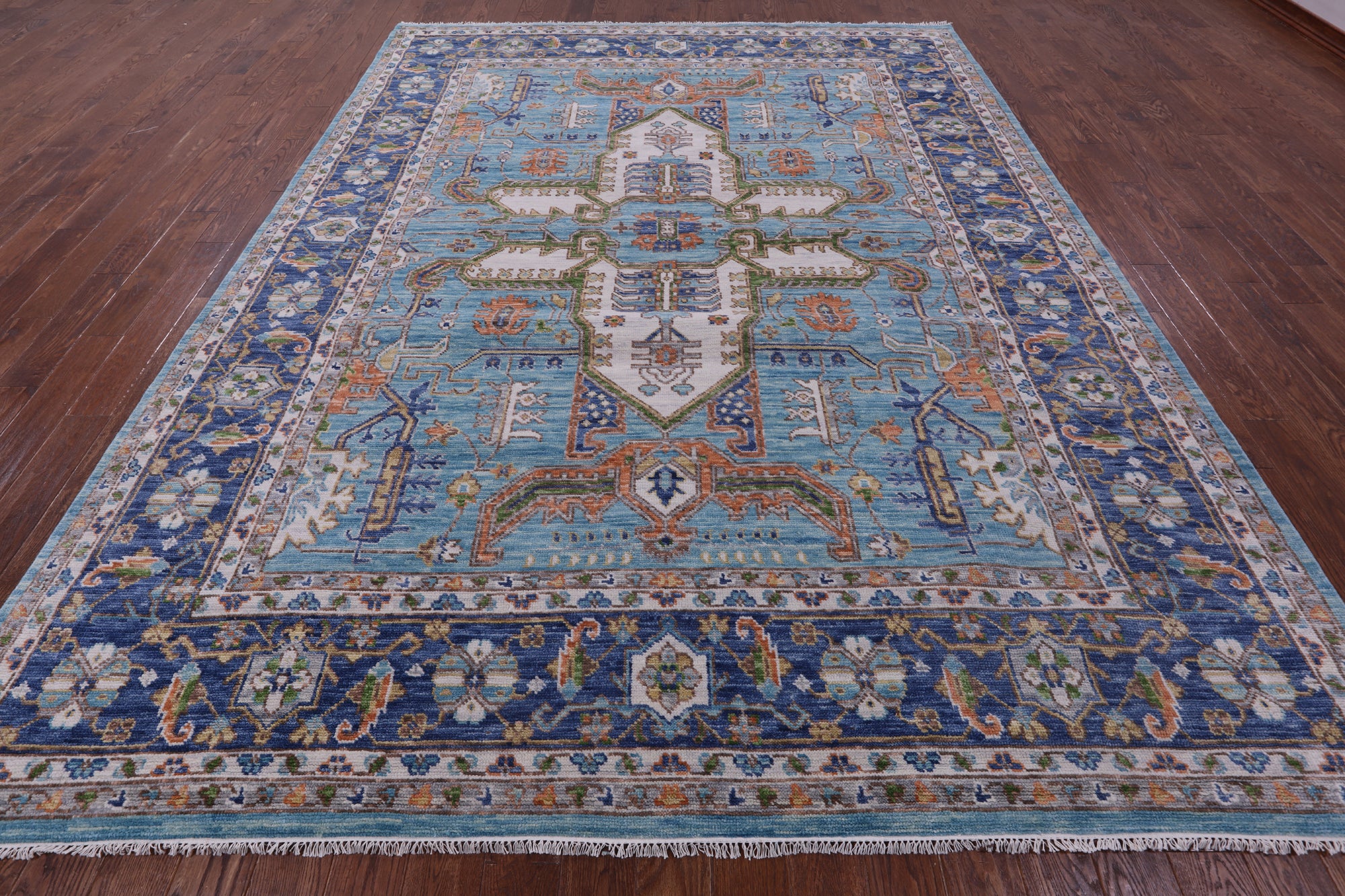 Blue Persian Fine Serapi Hand Knotted Wool Rug - 9' 3" X 12' 2" - Golden Nile