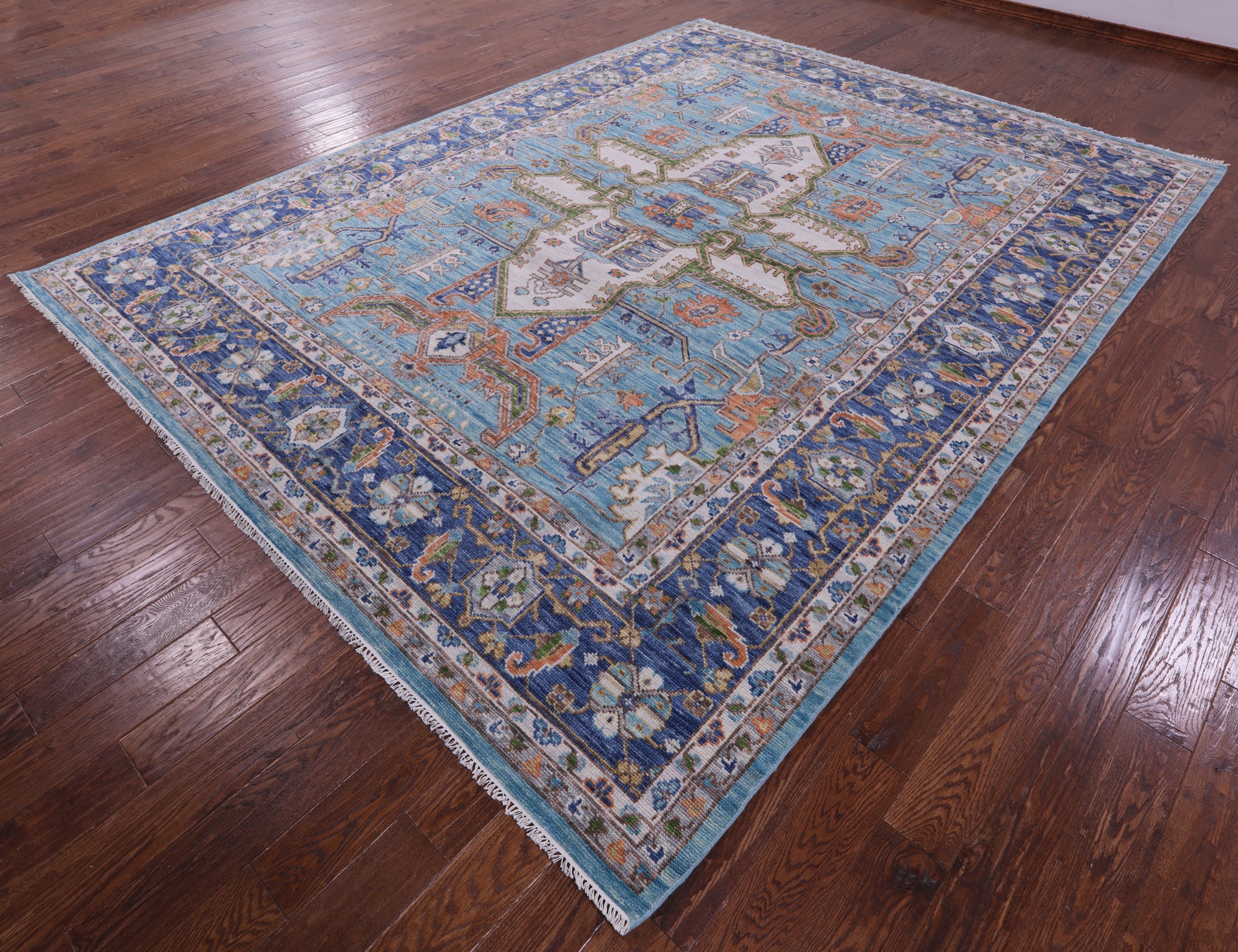 Blue Persian Fine Serapi Hand Knotted Wool Rug - 9' 3" X 12' 2" - Golden Nile