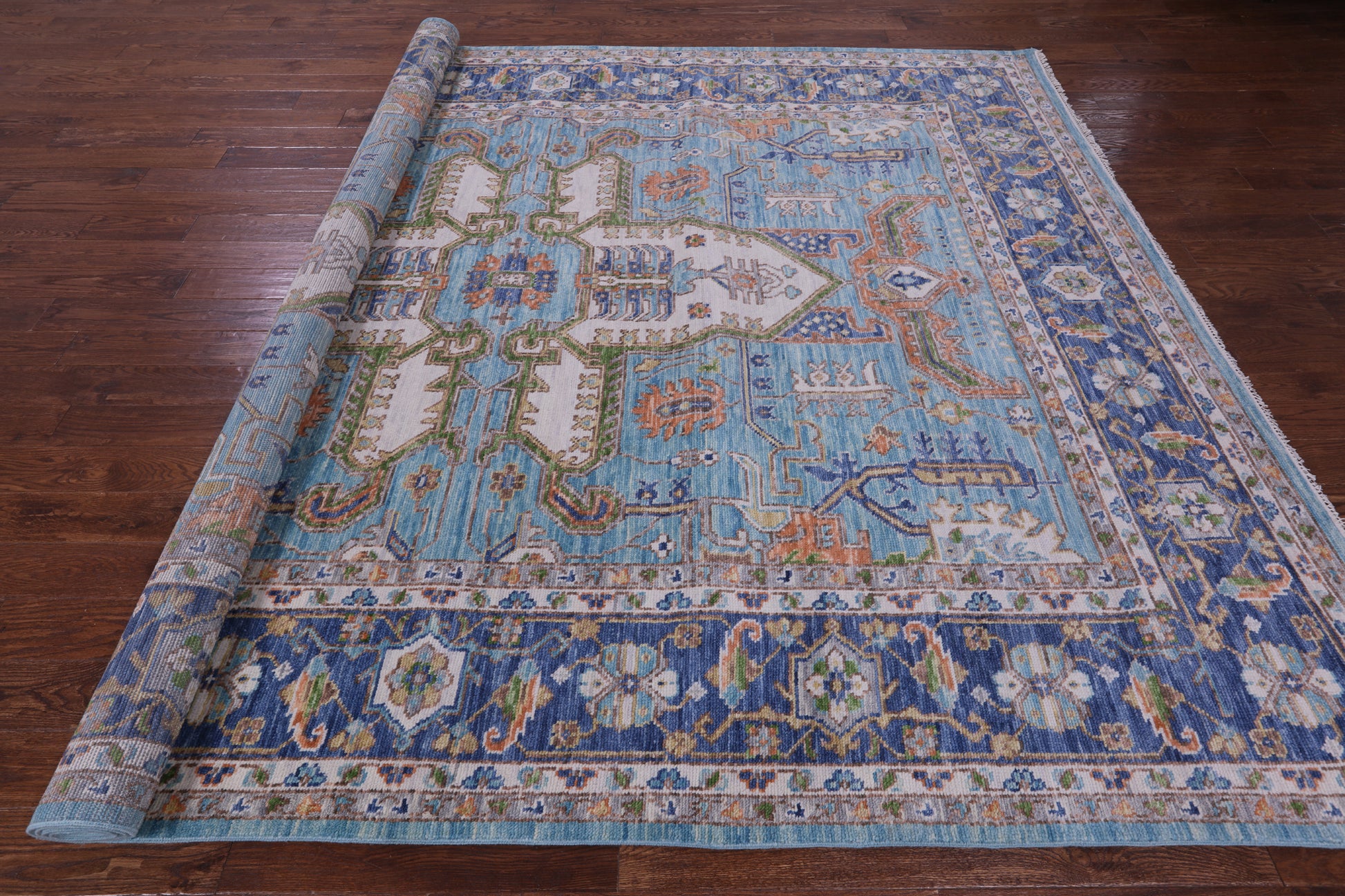 Blue Persian Fine Serapi Hand Knotted Wool Rug - 9' 3" X 12' 2" - Golden Nile