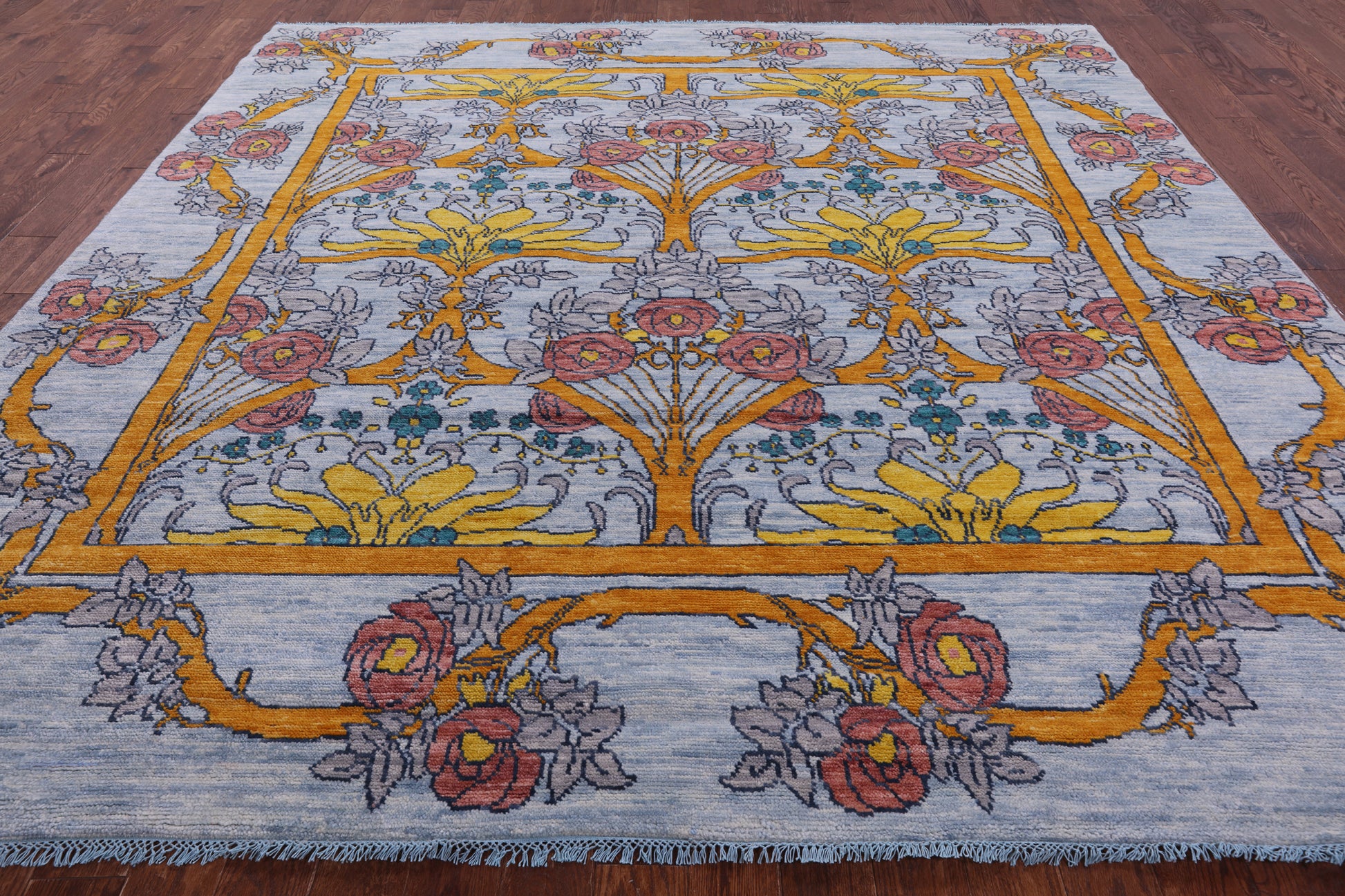 Light Blue Square William Morris Hand Knotted Wool Rug - 10' 1" X 10' 2" - Golden Nile