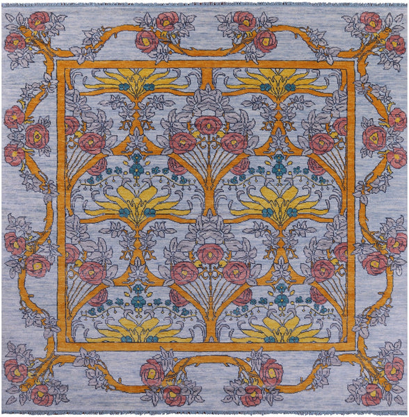 Light Blue Square William Morris Hand Knotted Wool Rug - 10' 1" X 10' 2" - Golden Nile