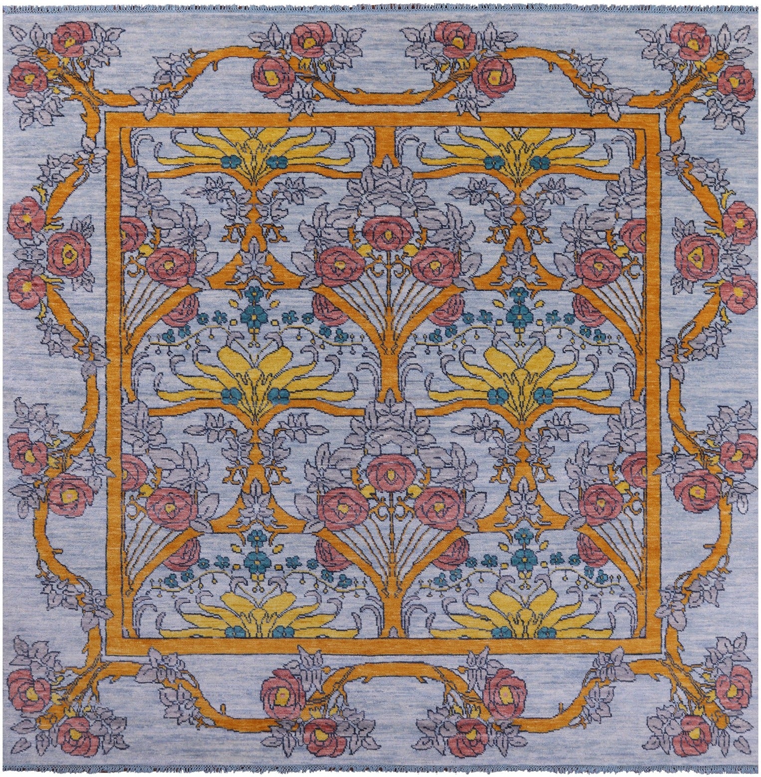 Light Blue Square William Morris Hand Knotted Wool Rug - 10' 1" X 10' 2" - Golden Nile