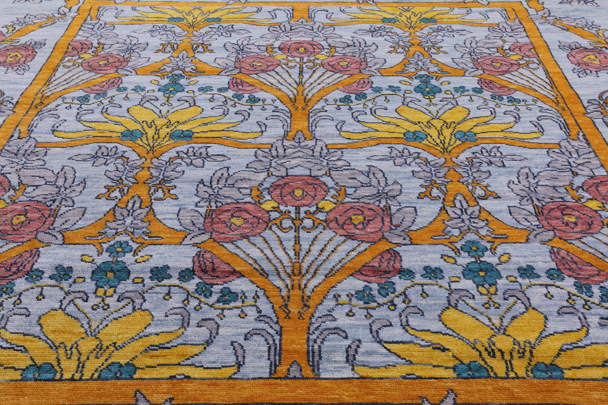 Light Blue Square William Morris Hand Knotted Wool Rug - 10' 1" X 10' 2" - Golden Nile