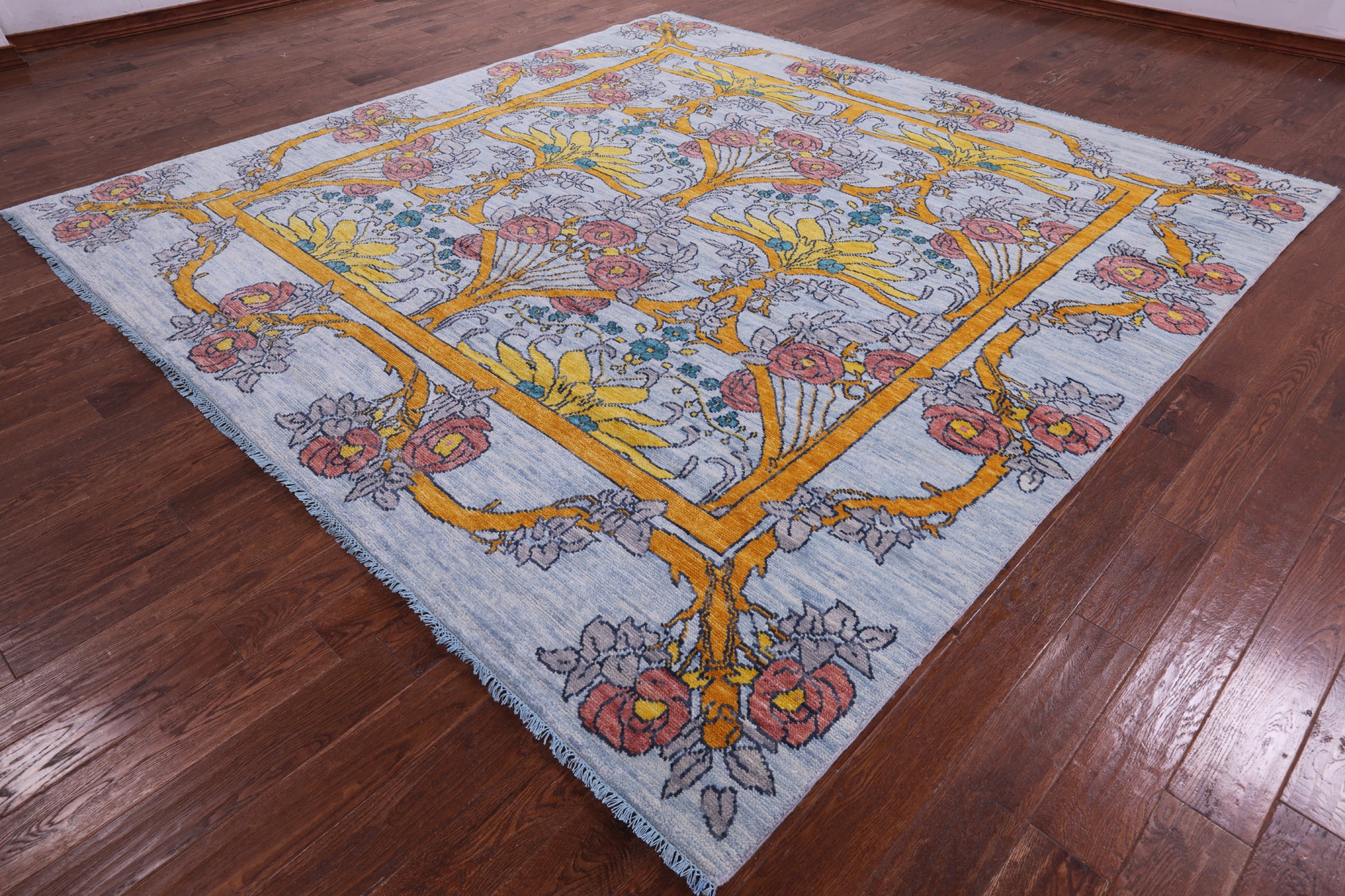 Light Blue Square William Morris Hand Knotted Wool Rug - 10' 1" X 10' 2" - Golden Nile