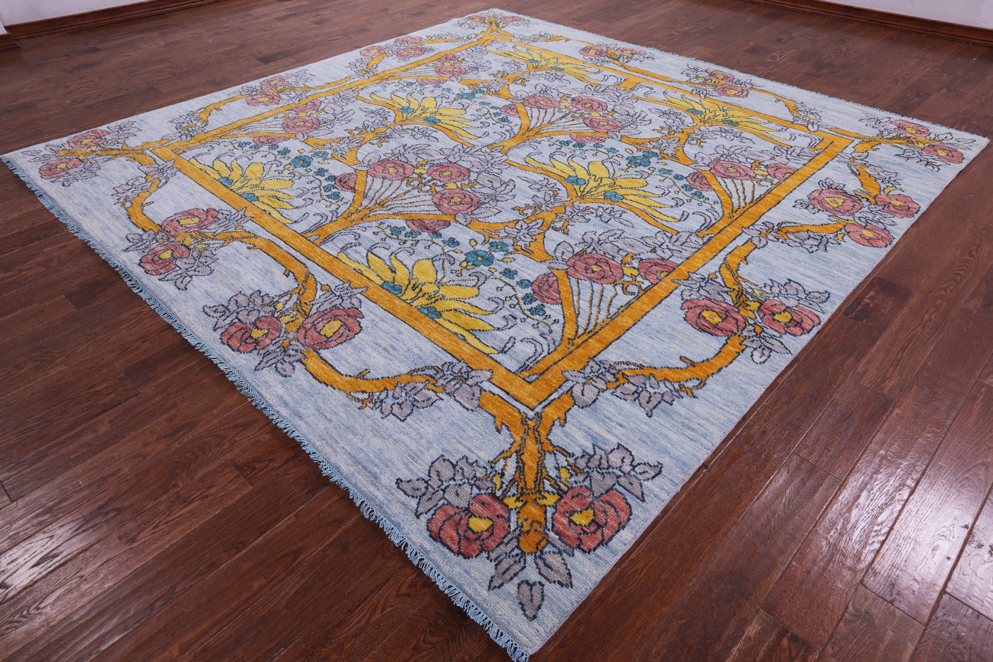 Light Blue Square William Morris Hand Knotted Wool Rug - 10' 1" X 10' 2" - Golden Nile