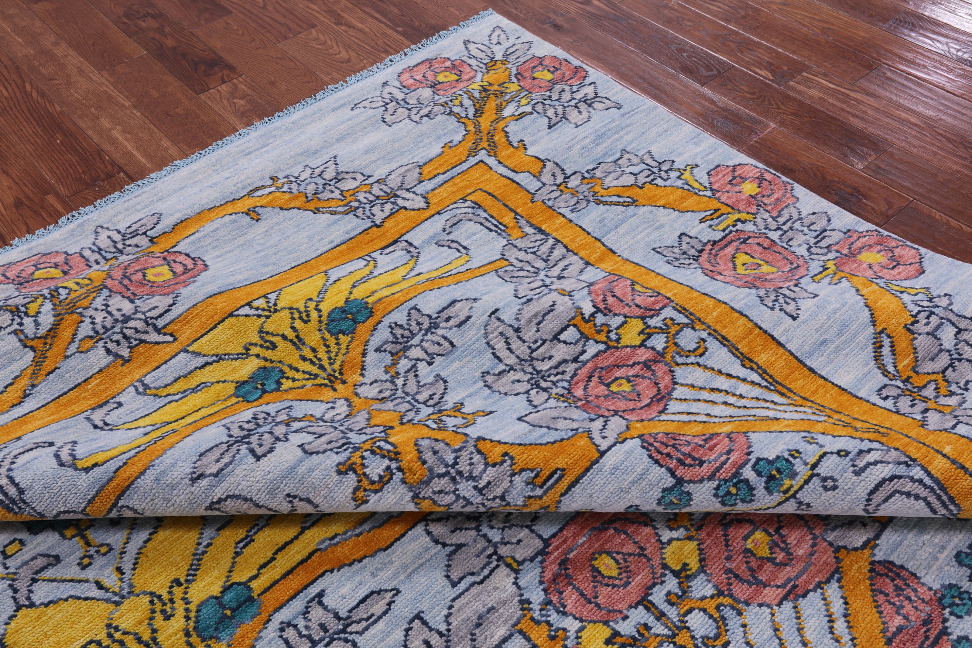 Light Blue Square William Morris Hand Knotted Wool Rug - 10' 1" X 10' 2" - Golden Nile