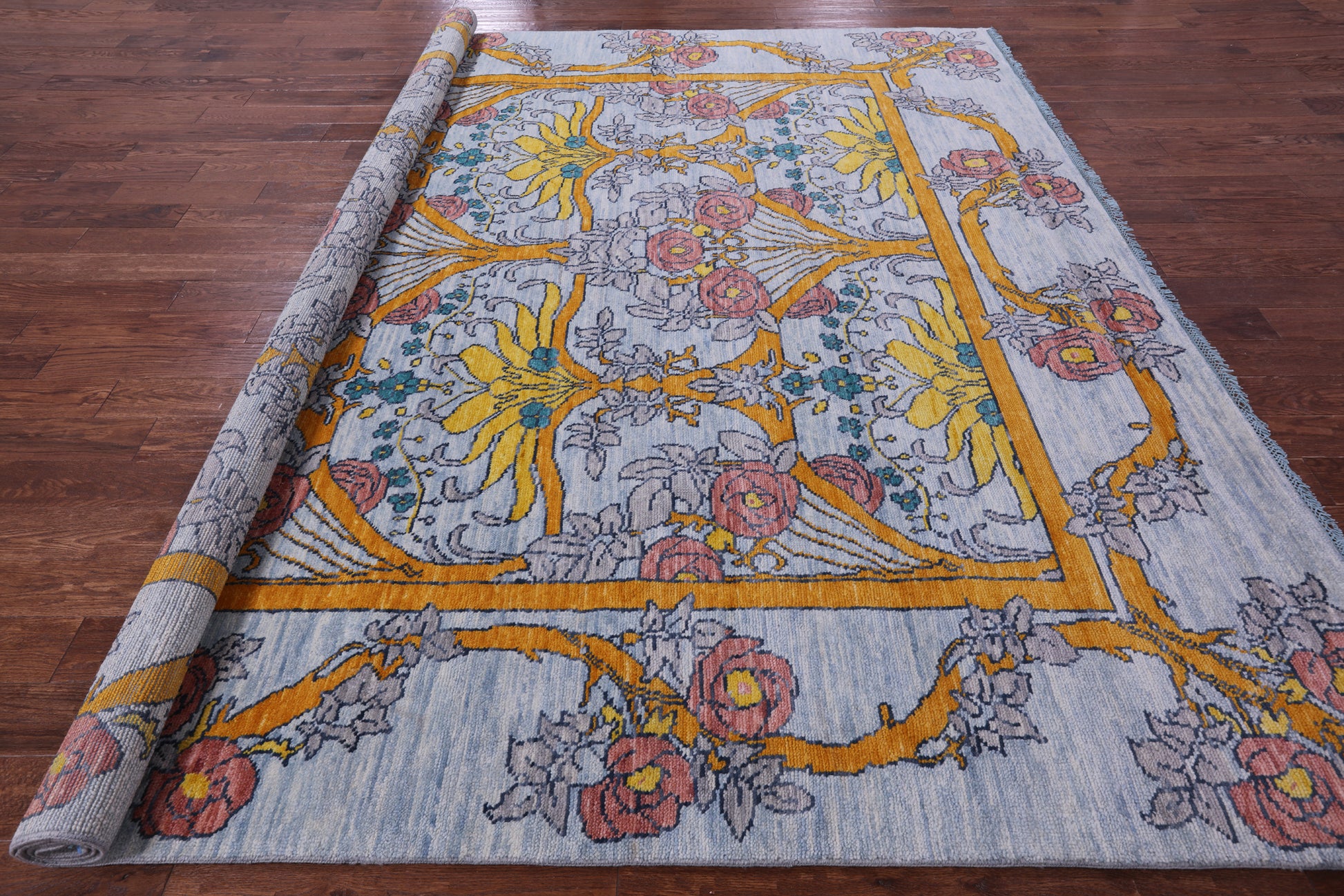 Light Blue Square William Morris Hand Knotted Wool Rug - 10' 1" X 10' 2" - Golden Nile
