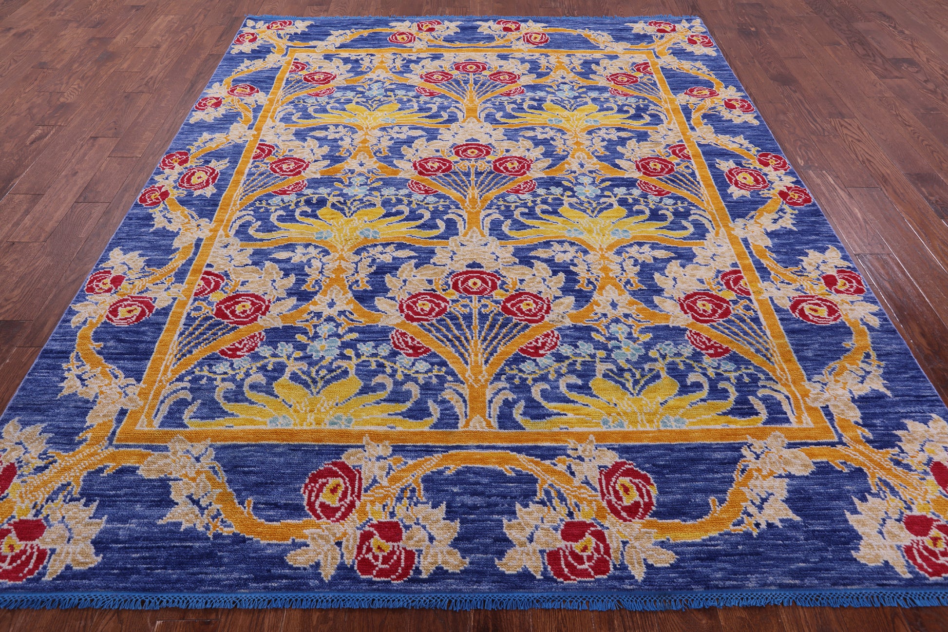 Blue William Morris Hand Knotted Wool Rug - 8' 0" X 9' 5" - Golden Nile