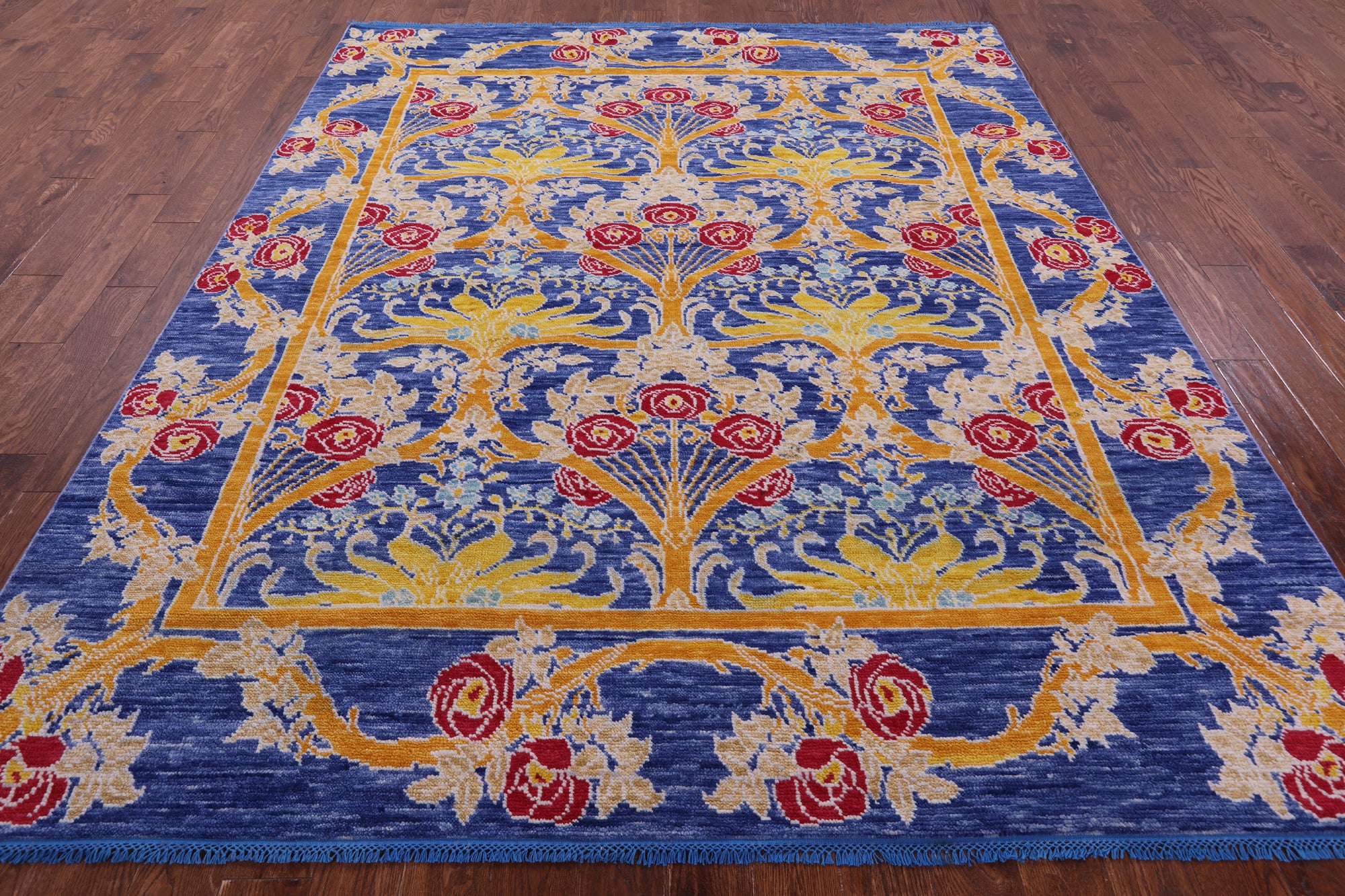 Blue William Morris Hand Knotted Wool Rug - 8' 0" X 9' 5" - Golden Nile
