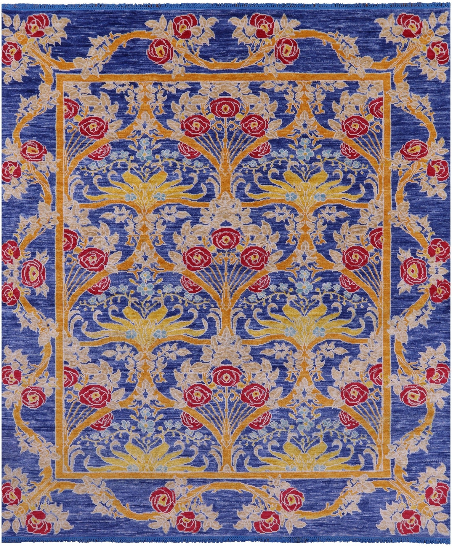 Blue William Morris Hand Knotted Wool Rug - 8' 0" X 9' 5" - Golden Nile