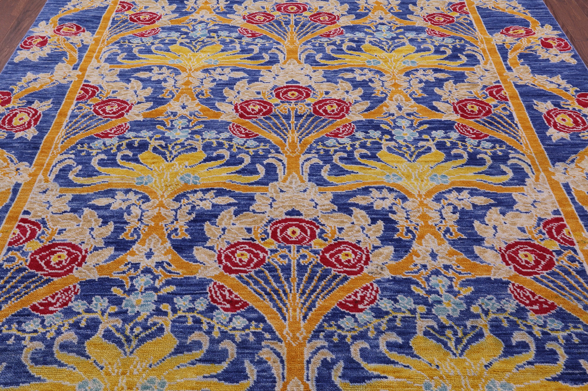 Blue William Morris Hand Knotted Wool Rug - 8' 0" X 9' 5" - Golden Nile