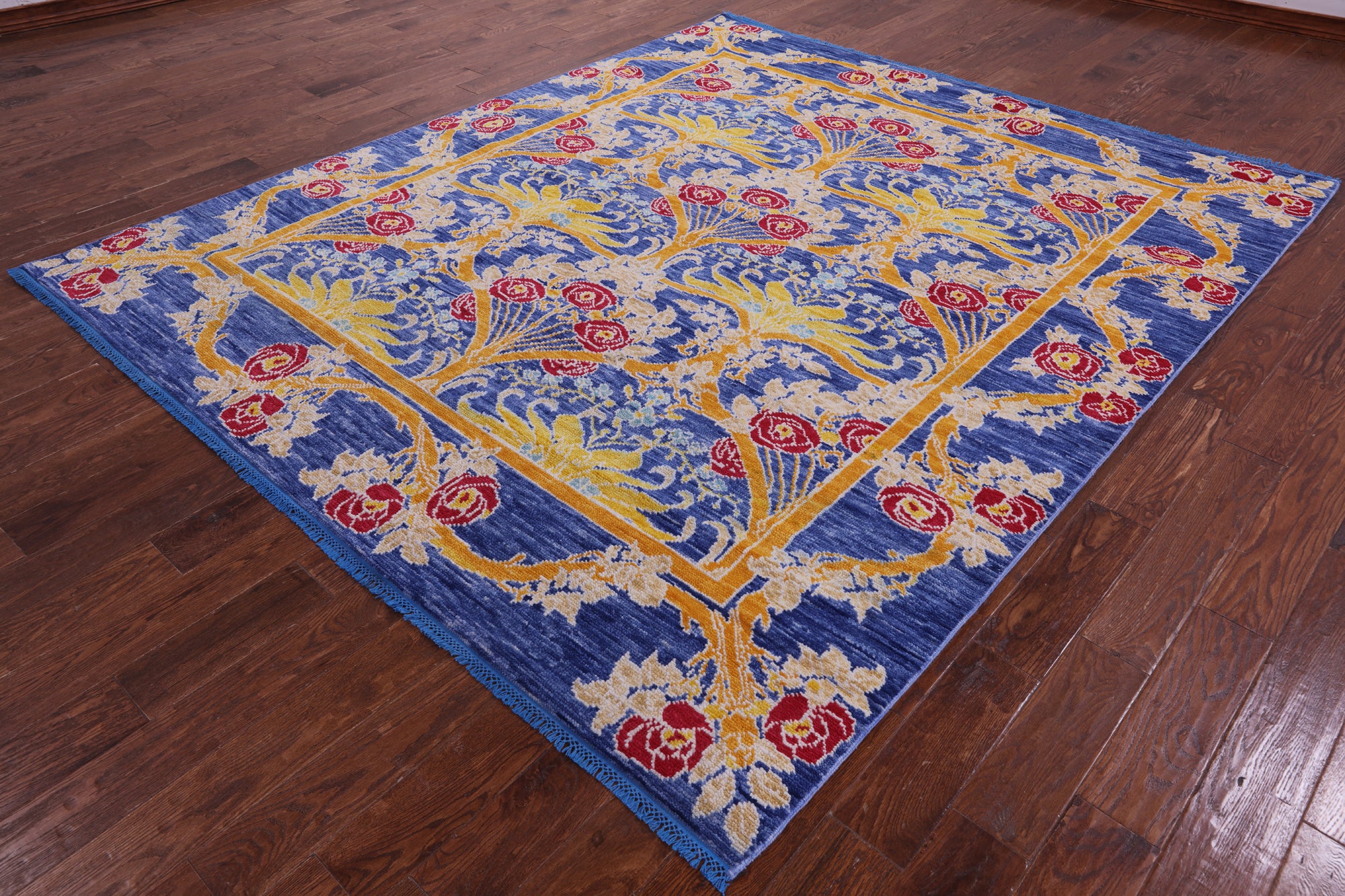 Blue William Morris Hand Knotted Wool Rug - 8' 0" X 9' 5" - Golden Nile