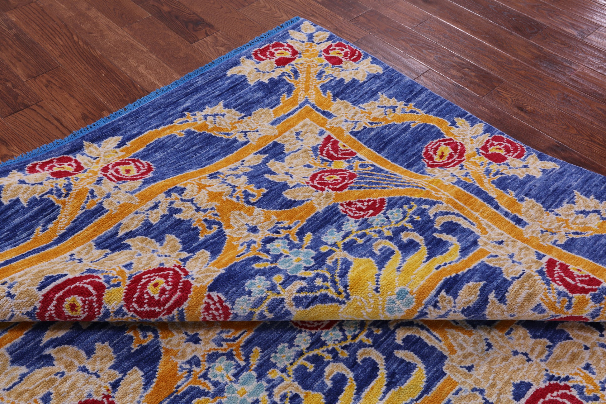 Blue William Morris Hand Knotted Wool Rug - 8' 0" X 9' 5" - Golden Nile