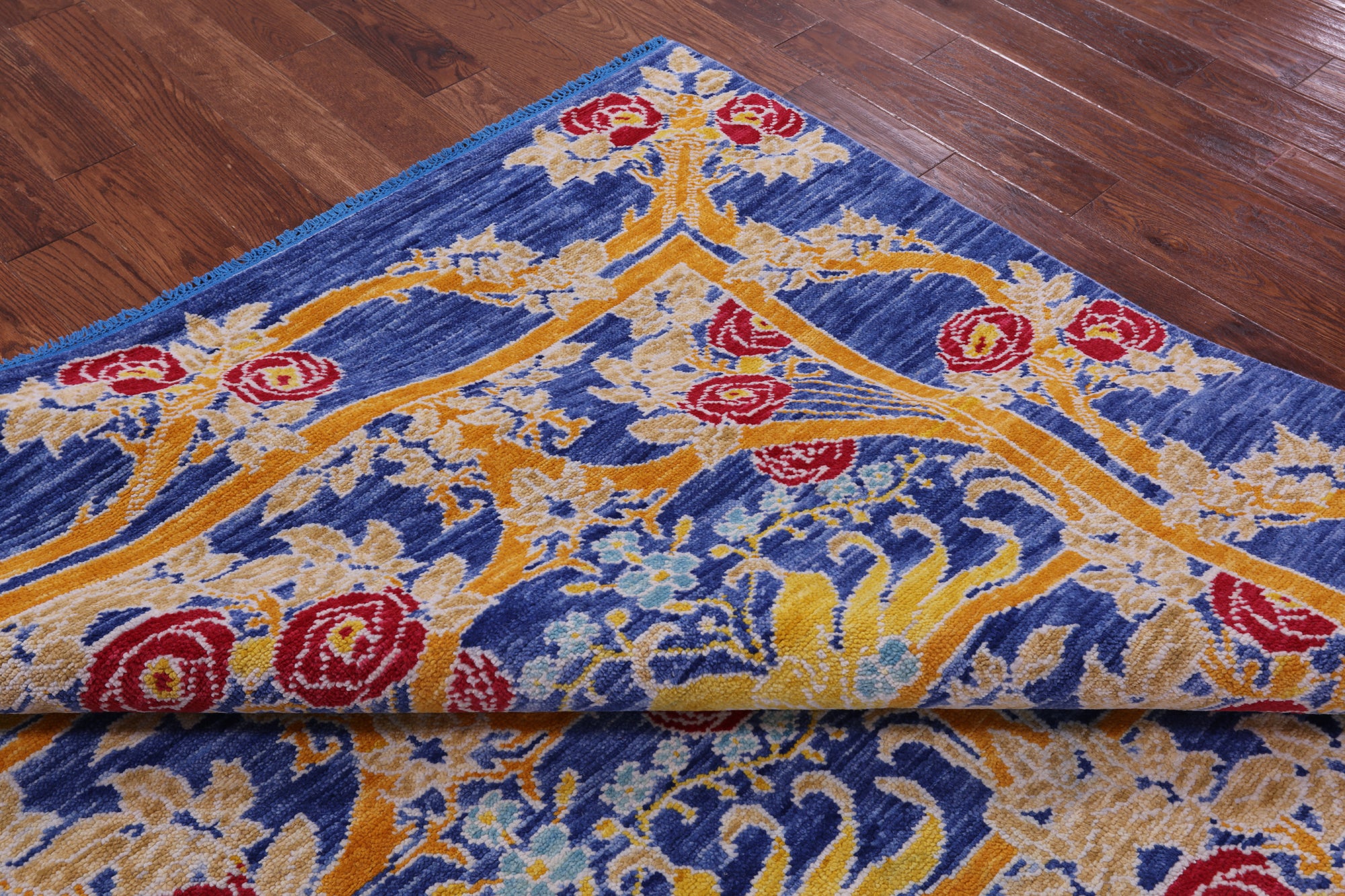 Blue William Morris Hand Knotted Wool Rug - 8' 0" X 9' 5" - Golden Nile