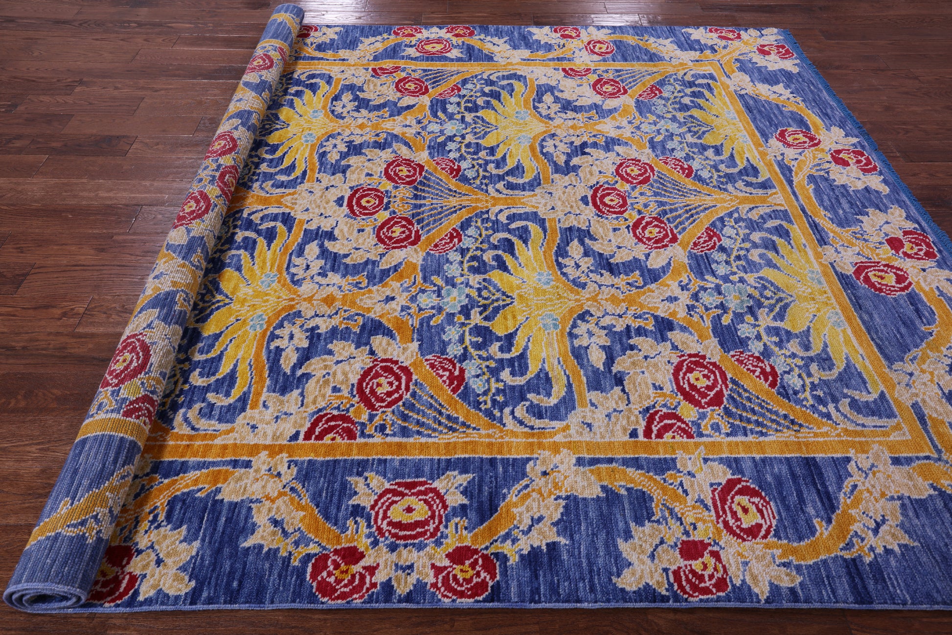 Blue William Morris Hand Knotted Wool Rug - 8' 0" X 9' 5" - Golden Nile
