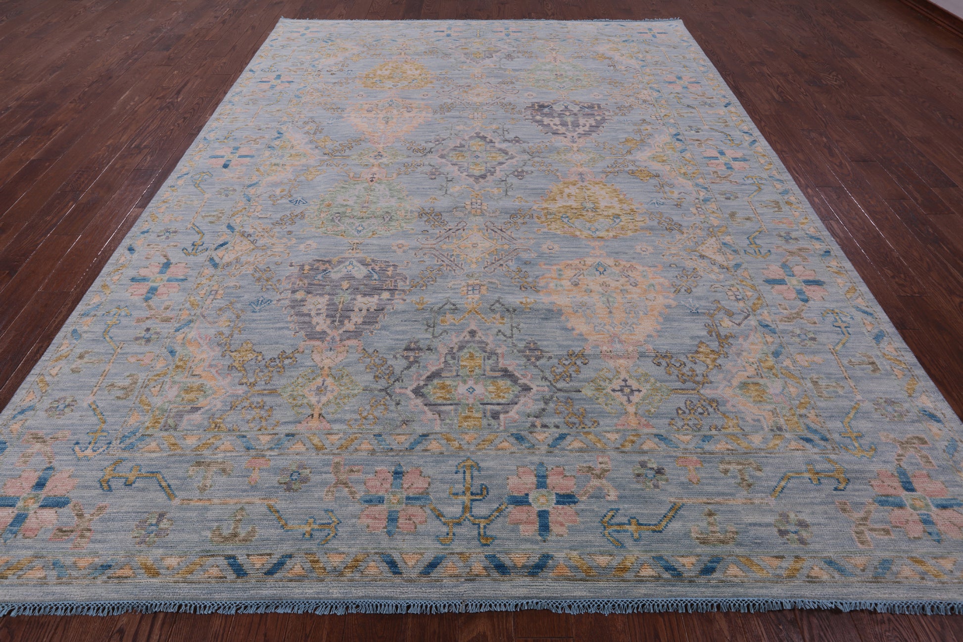Light Blue Turkish Oushak Hand Knotted Wool Rug - 9' 2" X 12' 2" - Golden Nile