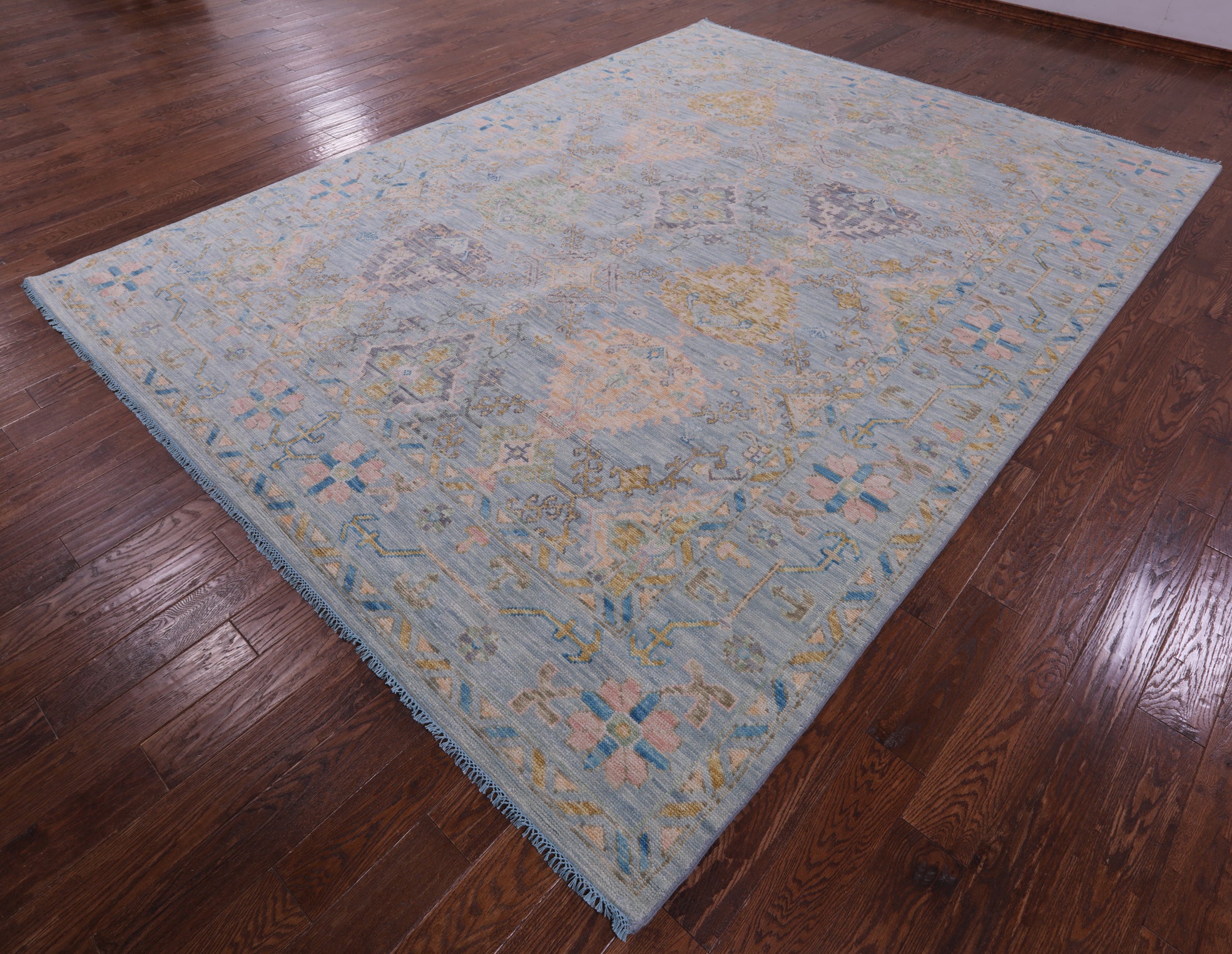 Light Blue Turkish Oushak Hand Knotted Wool Rug - 9' 2" X 12' 2" - Golden Nile