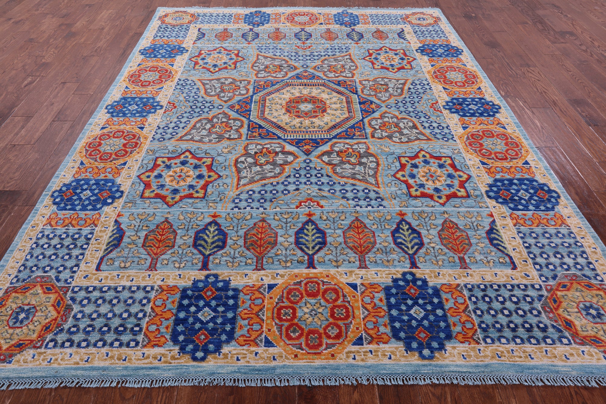 Blue Geometric Persian Mamluk Hand Knotted Wool Rug - 8' 0" X 9' 11" - Golden Nile