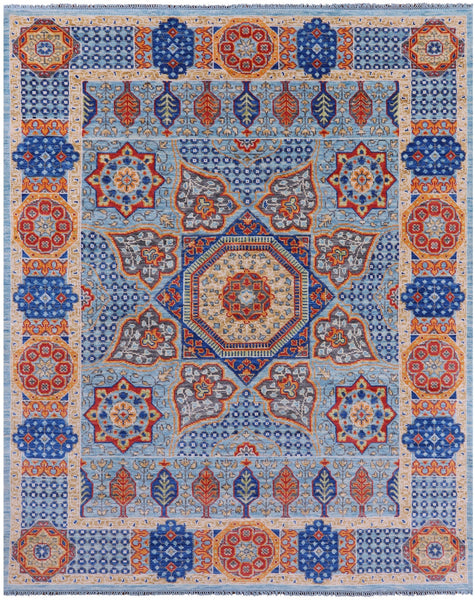 Blue Geometric Persian Mamluk Hand Knotted Wool Rug - 8' 0" X 9' 11" - Golden Nile
