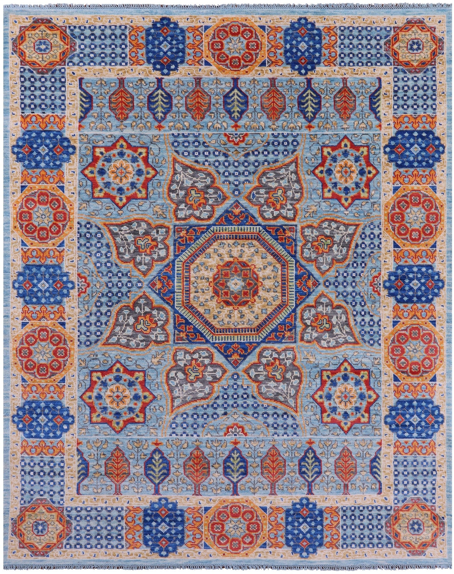 Blue Geometric Persian Mamluk Hand Knotted Wool Rug - 8' 0" X 9' 11" - Golden Nile