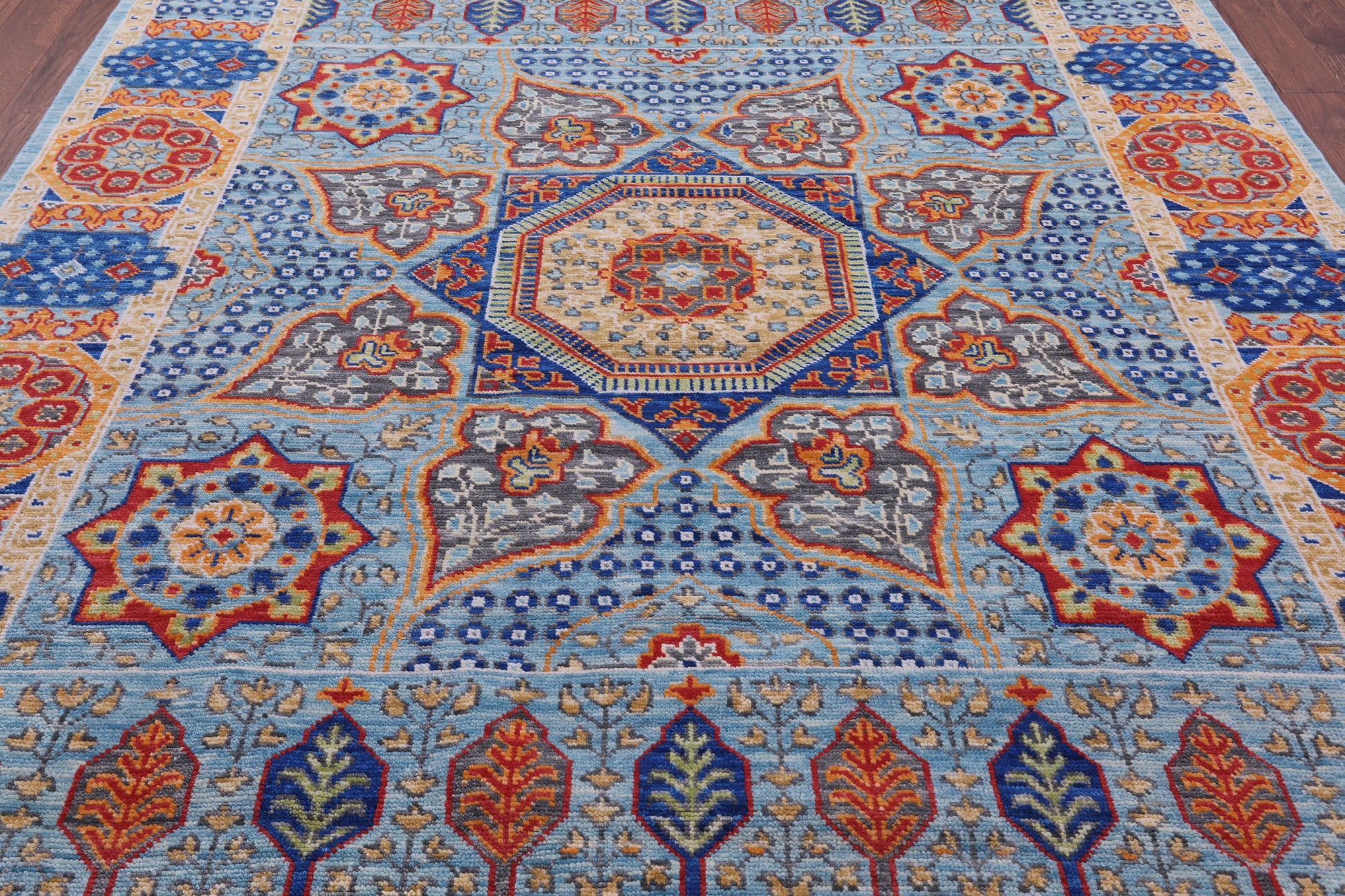 Blue Geometric Persian Mamluk Hand Knotted Wool Rug - 8' 0" X 9' 11" - Golden Nile